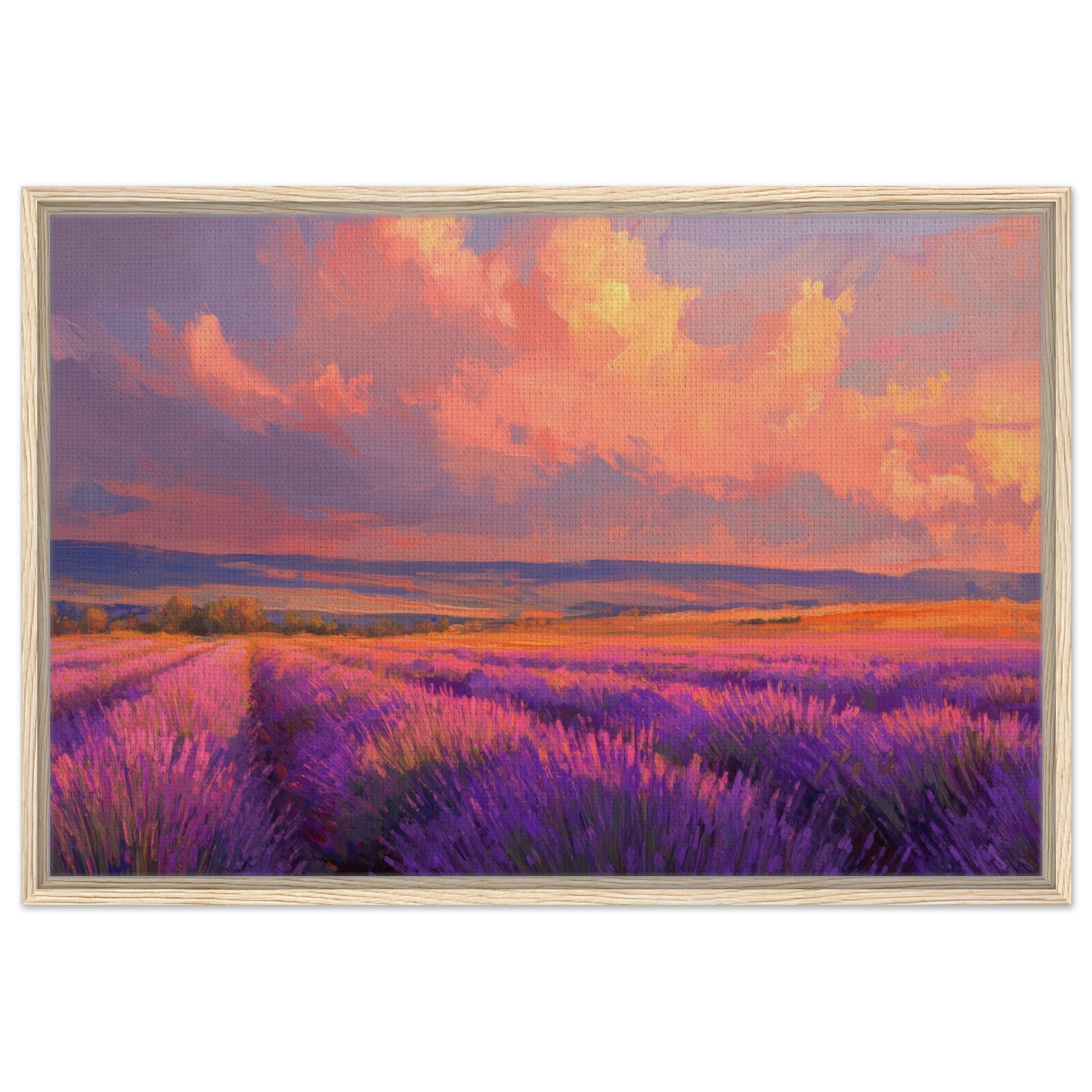 Framed Canvas Landscape - Rolling lavender fields under a pink - hued sunset - Shop Ai Art WebShop - Digital Art online Store