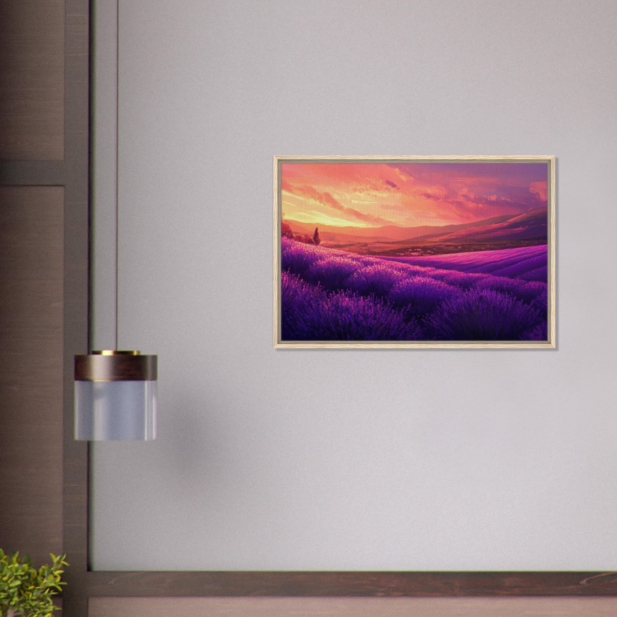 Framed Canvas Landscape - Rolling lavender fields under a pink - hued sunset 2 - Shop Ai Art WebShop - Digital Art online Store