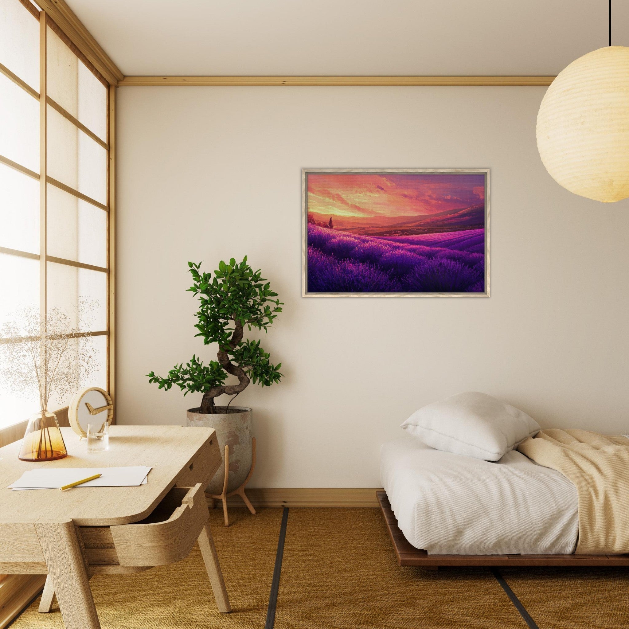 Framed Canvas Landscape - Rolling lavender fields under a pink - hued sunset 2 - Shop Ai Art WebShop - Digital Art online Store