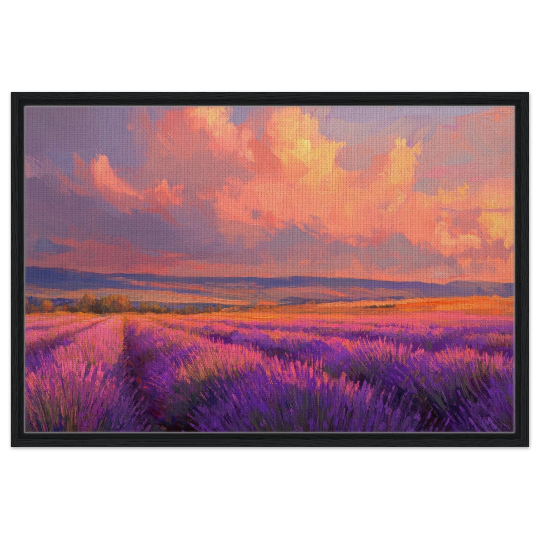 Framed Canvas Landscape - Rolling lavender fields under a pink - hued sunset - Shop Ai Art WebShop - Digital Art online Store