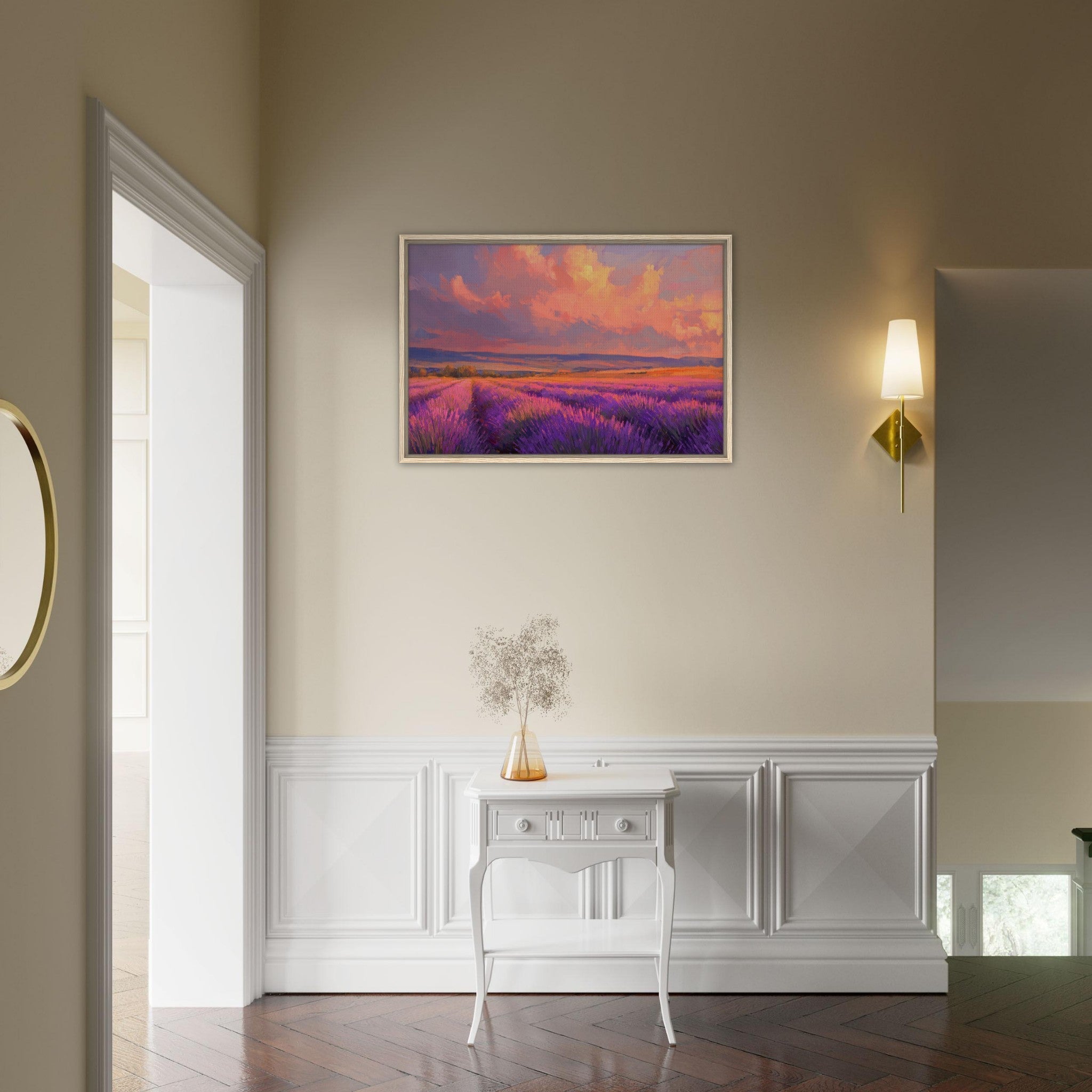 Framed Canvas Landscape - Rolling lavender fields under a pink - hued sunset - Shop Ai Art WebShop - Digital Art online Store