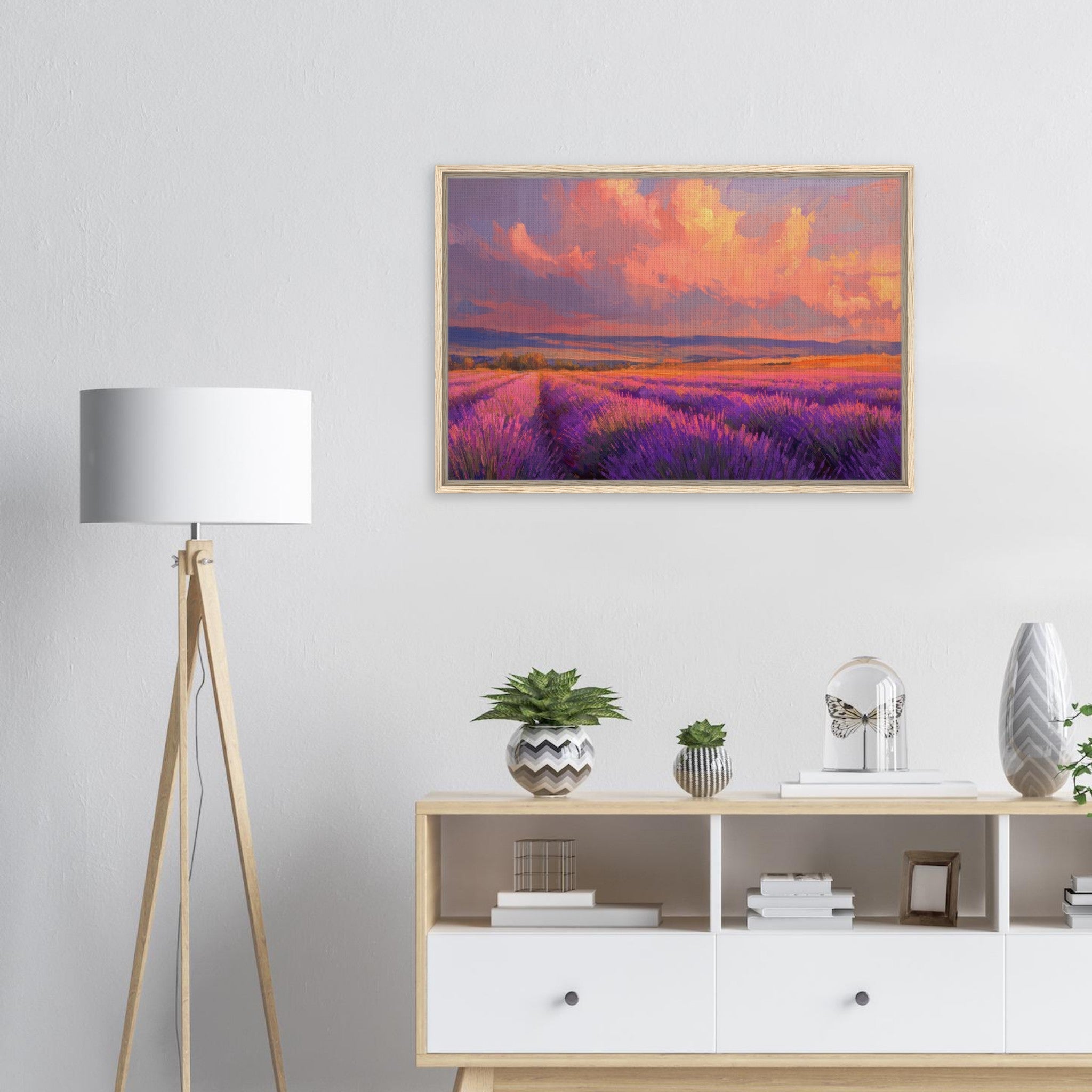 Framed Canvas Landscape - Rolling lavender fields under a pink - hued sunset - Shop Ai Art WebShop - Digital Art online Store