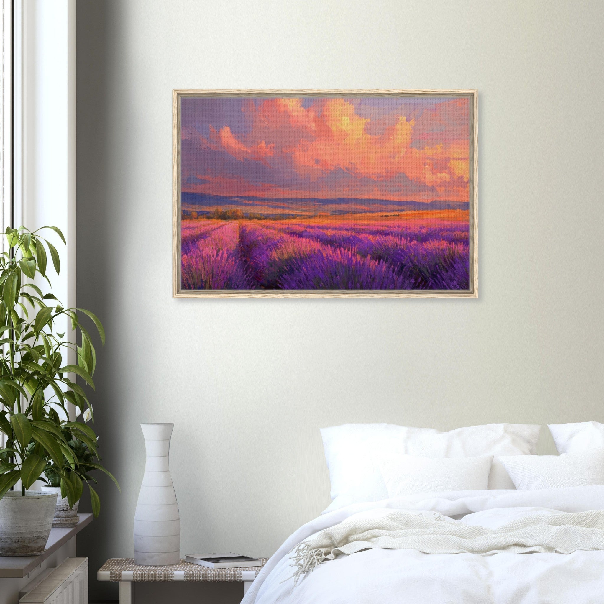 Framed Canvas Landscape - Rolling lavender fields under a pink - hued sunset - Shop Ai Art WebShop - Digital Art online Store