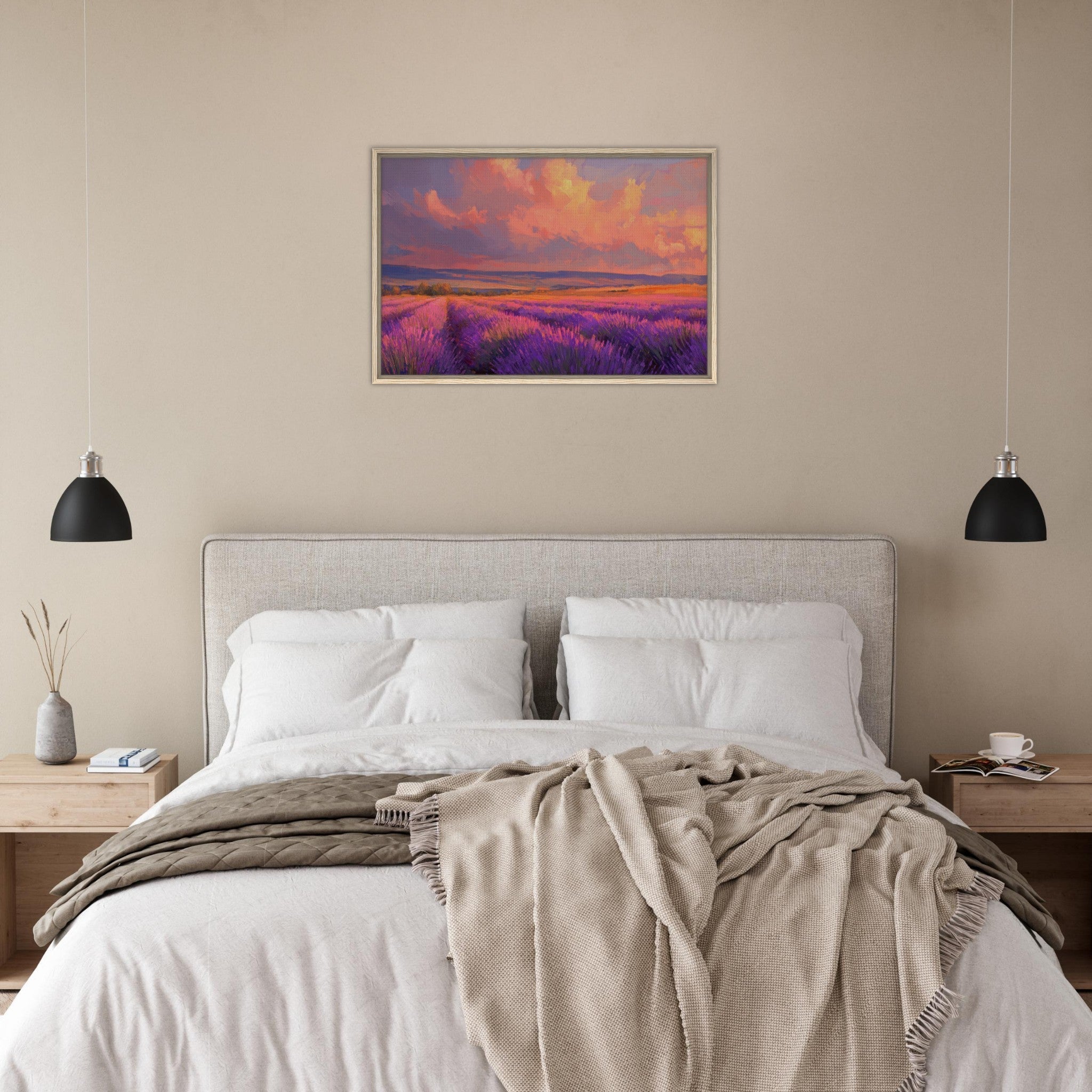 Framed Canvas Landscape - Rolling lavender fields under a pink - hued sunset - Shop Ai Art WebShop - Digital Art online Store