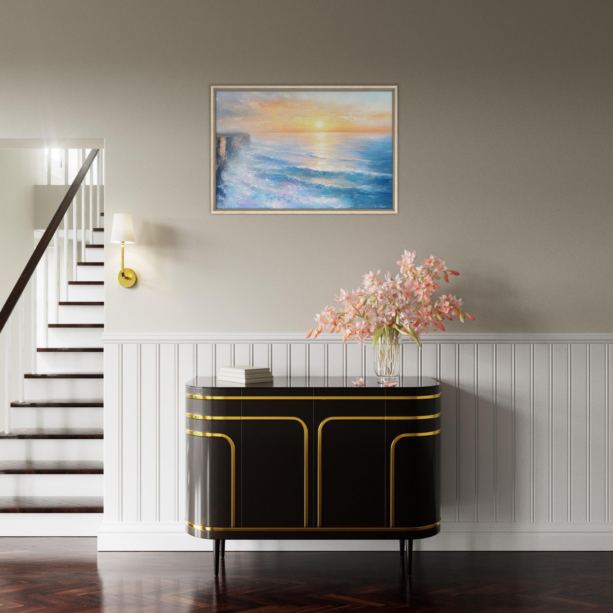 Framed Canvas Landscape - Seaside Cliff at Sunrise A breathtaking Empress - Shop Ai Art WebShop - Digital Art online Store