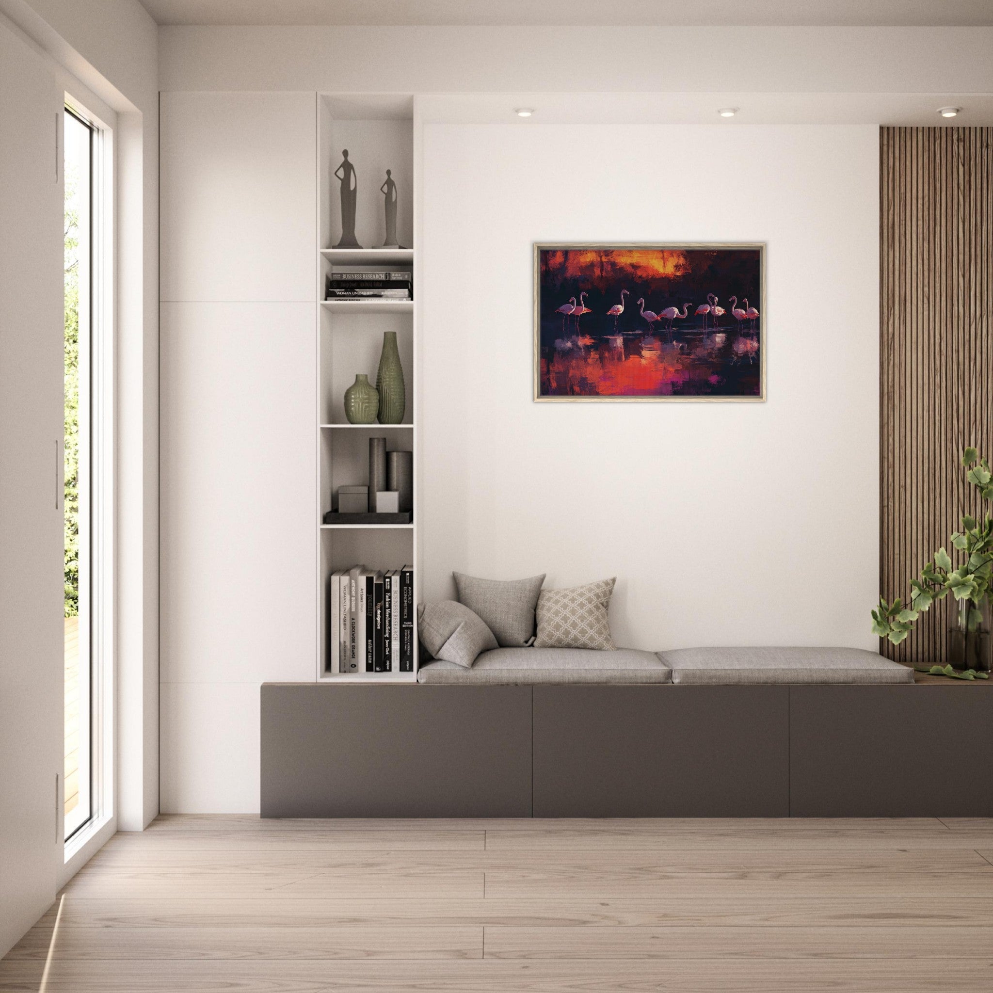 Framed Canvas Landscape - Surreal Flamingo Lake at Sunset Graceful flaming - Shop Ai Art WebShop - Digital Art online Store