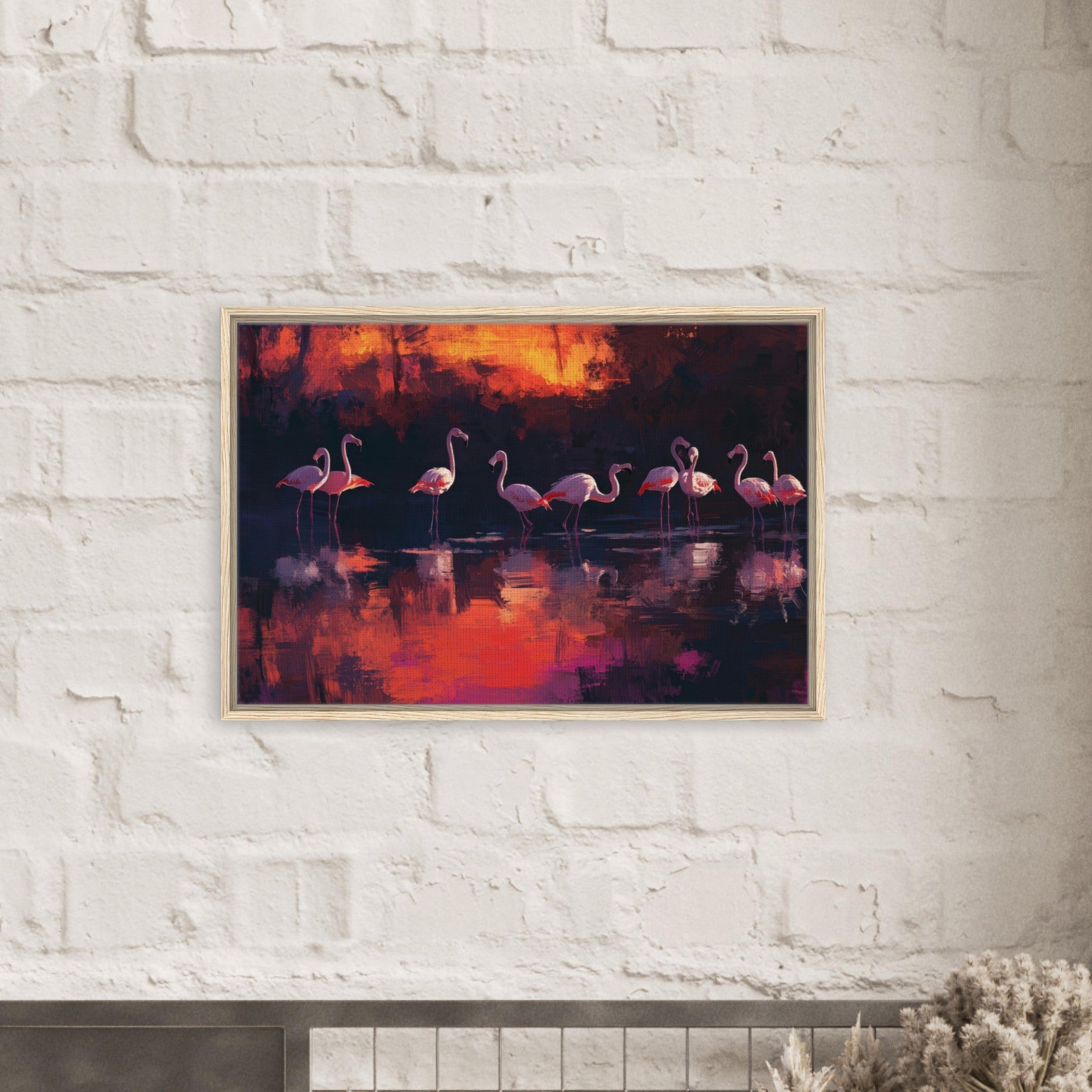 Framed Canvas Landscape - Surreal Flamingo Lake at Sunset Graceful flaming - Shop Ai Art WebShop - Digital Art online Store