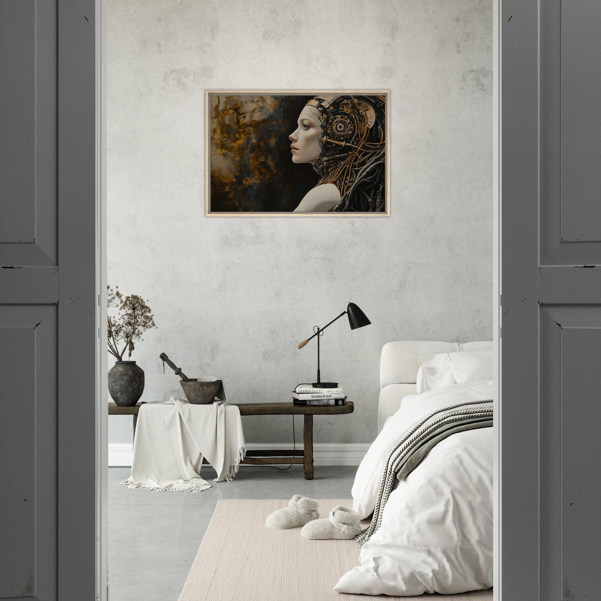 Framed Canvas Landscape - Surrealist Hybrid Queen on a Biomechanical Thrown - Shop Ai Art WebShop - Digital Art online Store