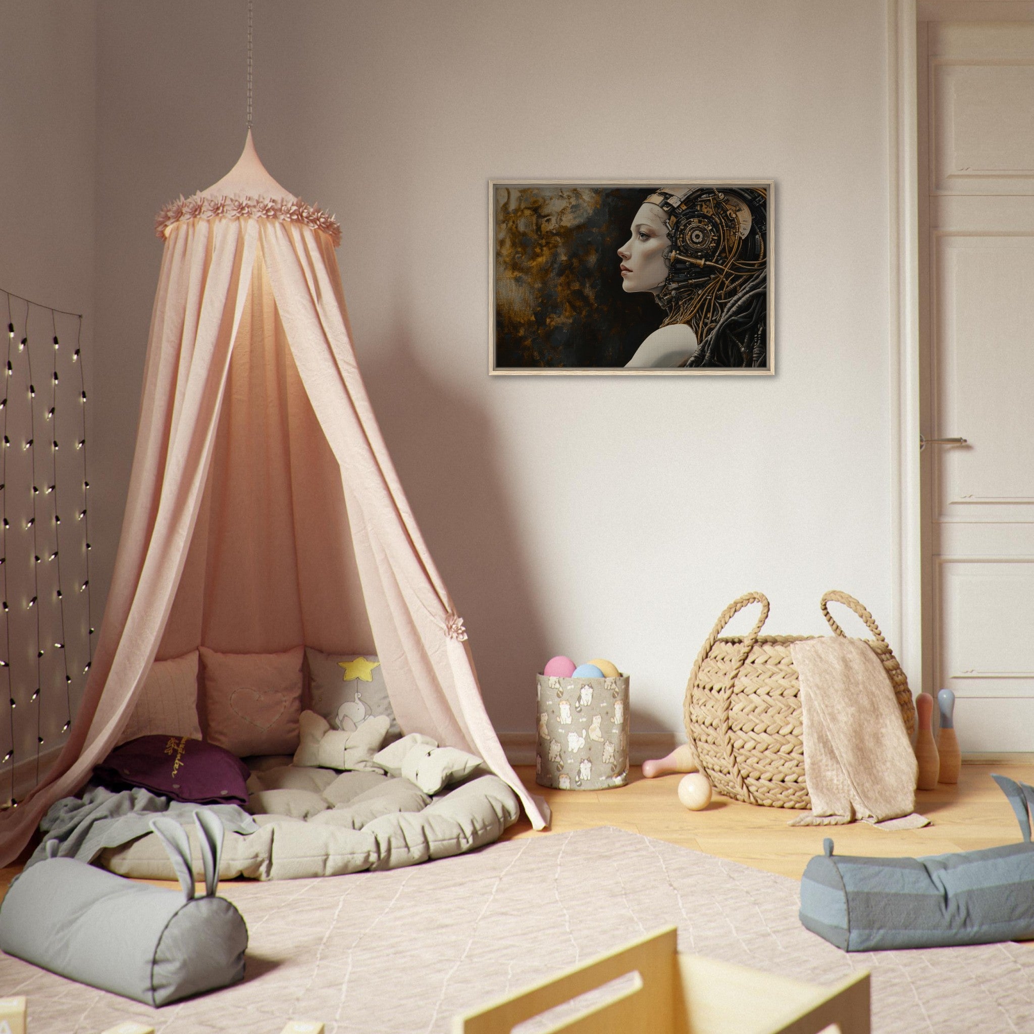 Framed Canvas Landscape - Surrealist Hybrid Queen on a Biomechanical Thrown - Shop Ai Art WebShop - Digital Art online Store