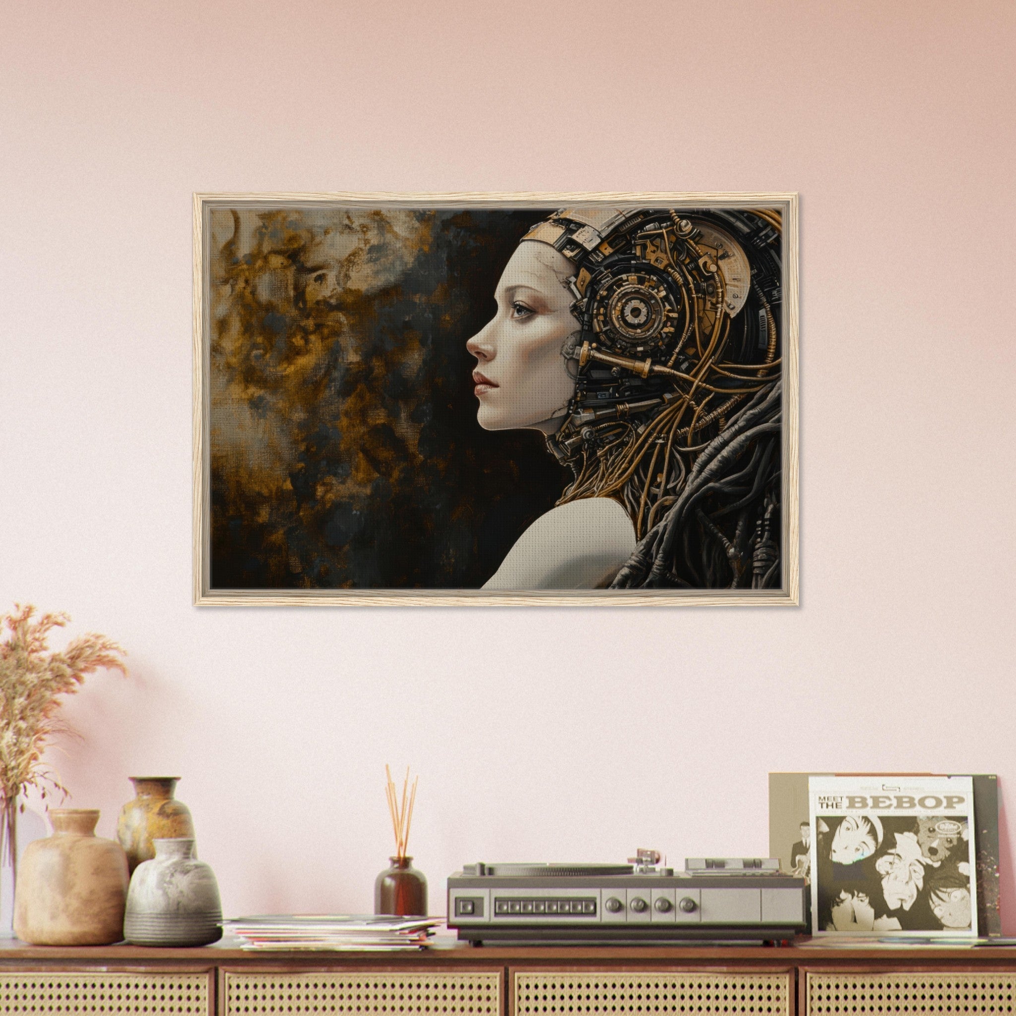 Framed Canvas Landscape - Surrealist Hybrid Queen on a Biomechanical Thrown - Shop Ai Art WebShop - Digital Art online Store