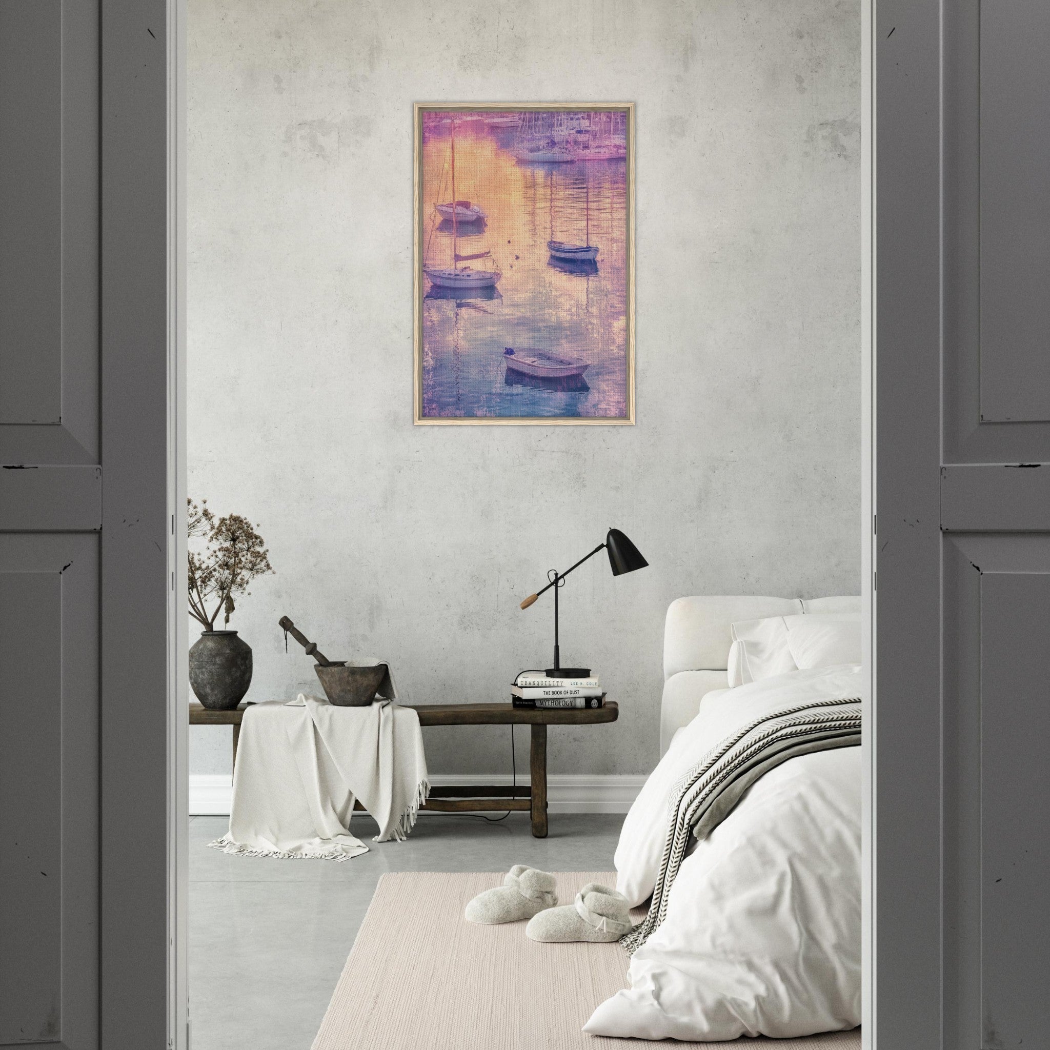 Framed Canvas Portrait - Boats at Dusk A harbor filled with gently rocky 3 - Shop Ai Art WebShop - Digital Art online Store