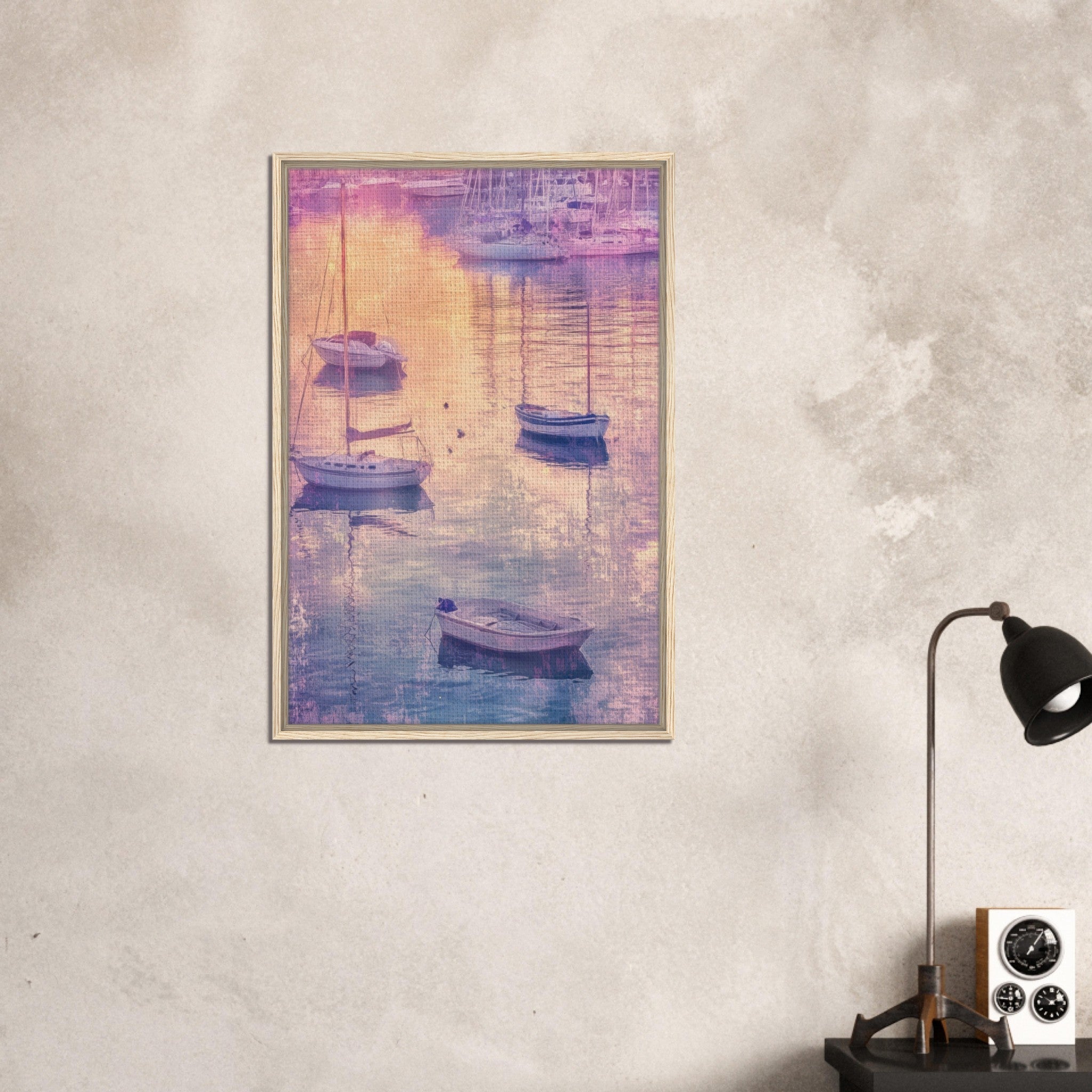 Framed Canvas Portrait - Boats at Dusk A harbor filled with gently rocky 3 - Shop Ai Art WebShop - Digital Art online Store