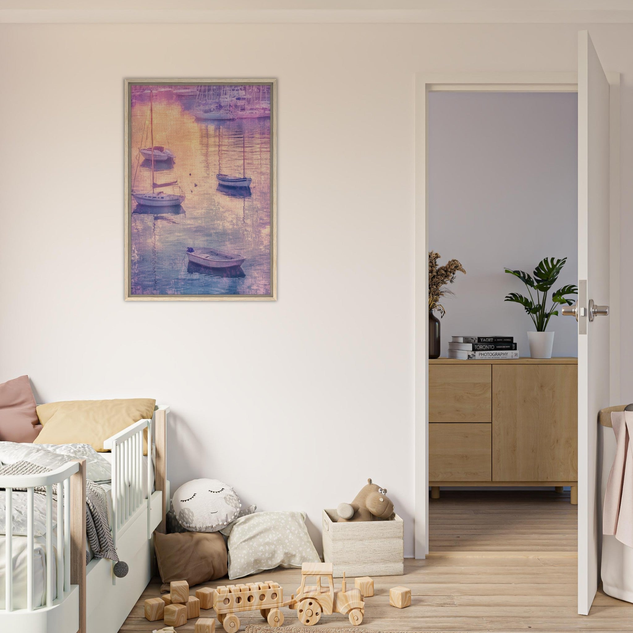 Framed Canvas Portrait - Boats at Dusk A harbor filled with gently rocky 3 - Shop Ai Art WebShop - Digital Art online Store