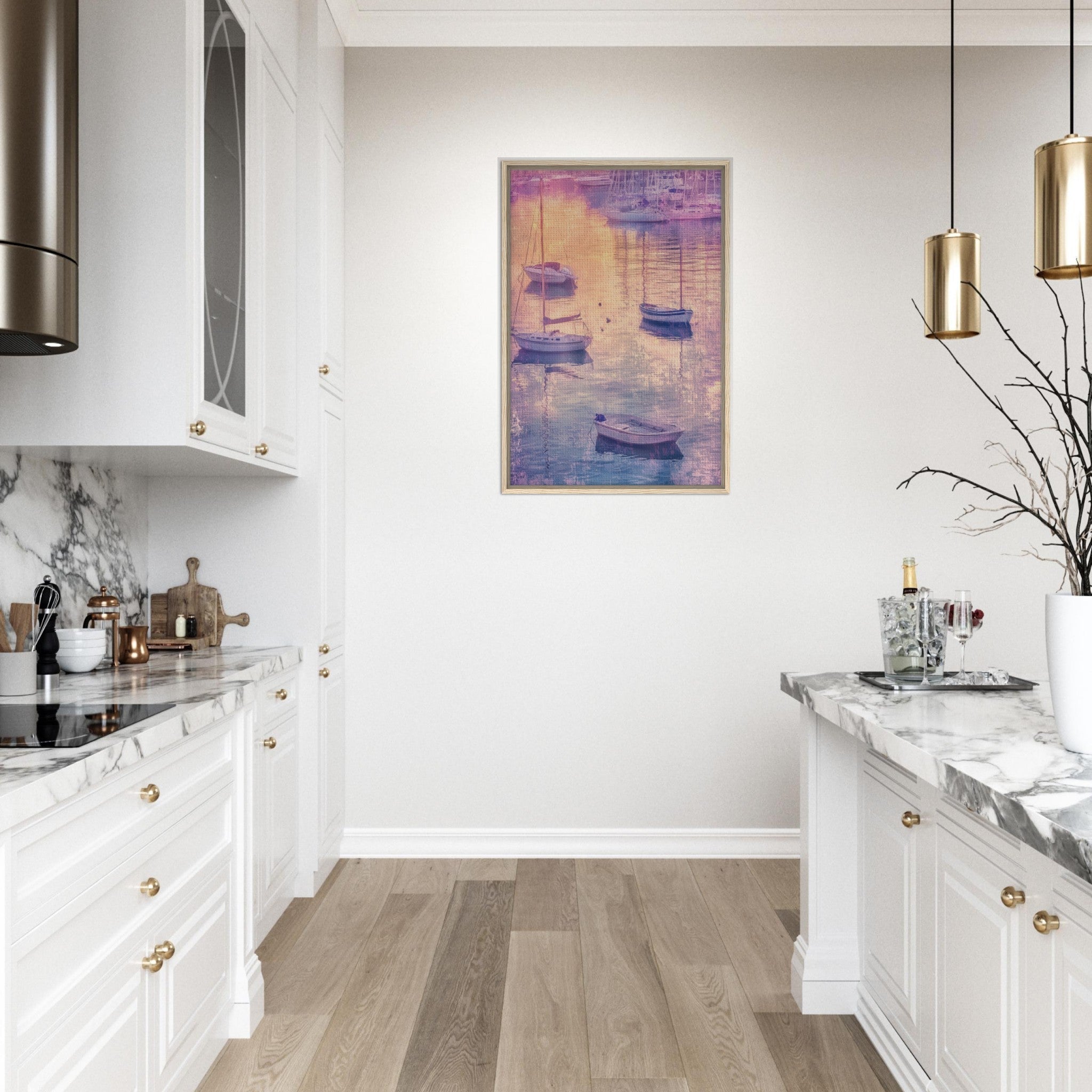Framed Canvas Portrait - Boats at Dusk A harbor filled with gently rocky 3 - Shop Ai Art WebShop - Digital Art online Store