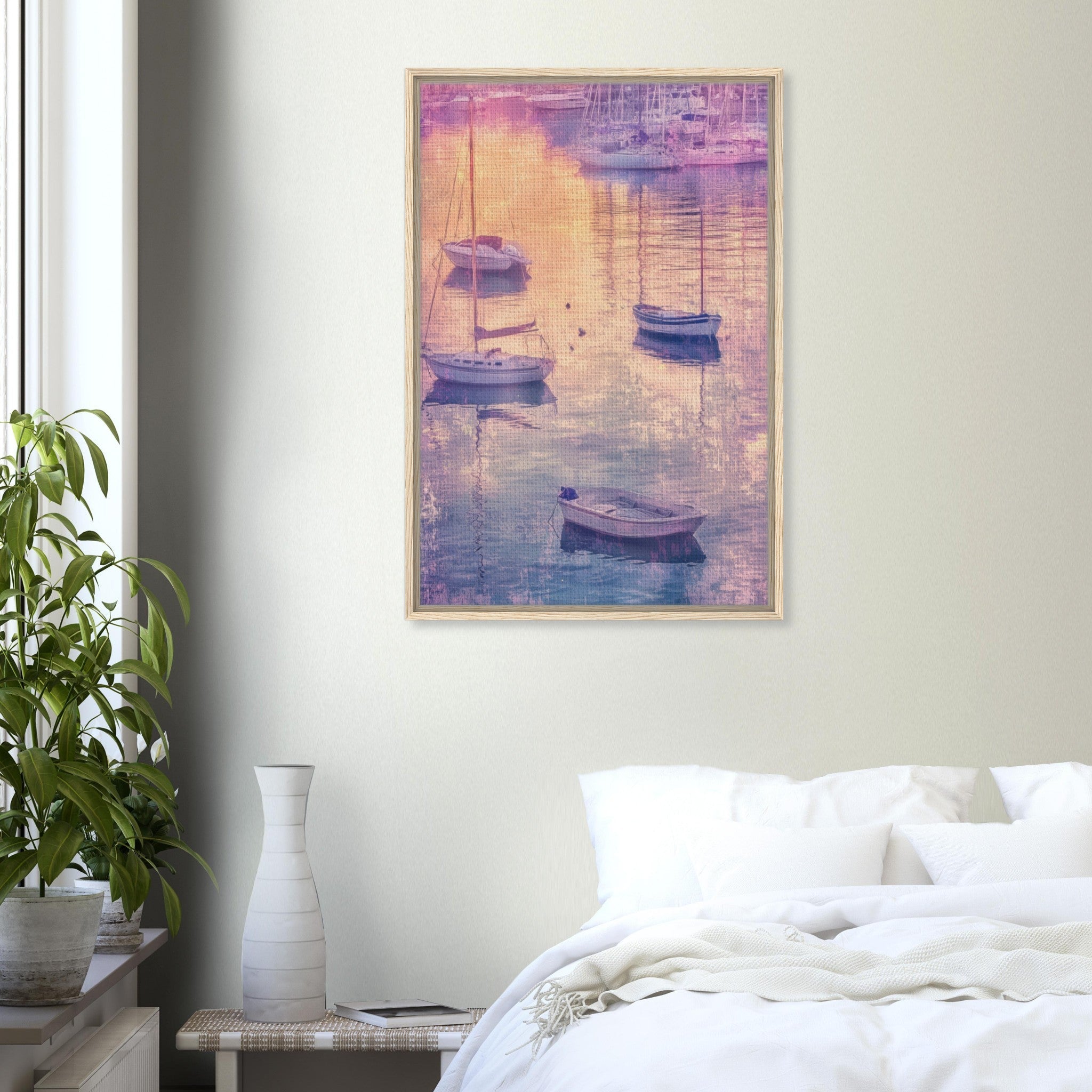 Framed Canvas Portrait - Boats at Dusk A harbor filled with gently rocky 3 - Shop Ai Art WebShop - Digital Art online Store