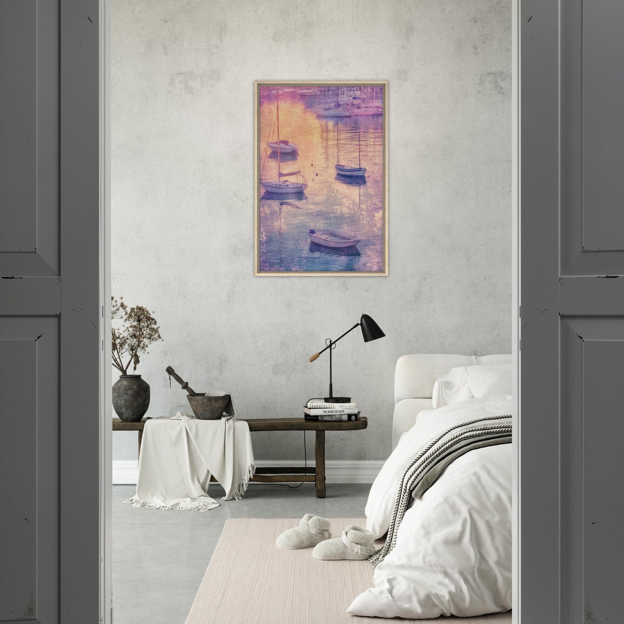 Framed Canvas Portrait - Boats at Dusk A harbor filled with gently rocky 3 - Shop Ai Art WebShop - Digital Art online Store