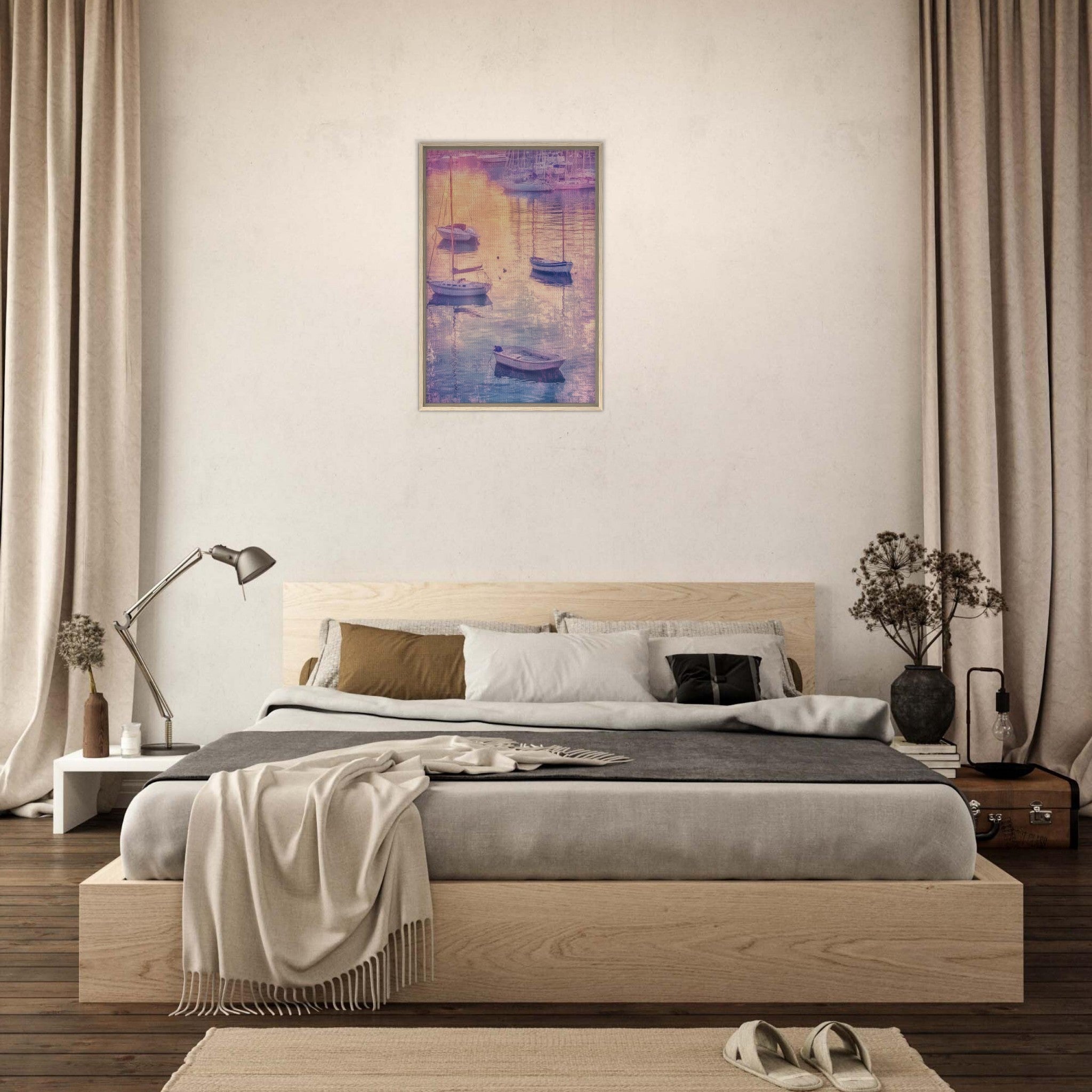 Framed Canvas Portrait - Boats at Dusk A harbor filled with gently rocky 3 - Shop Ai Art WebShop - Digital Art online Store