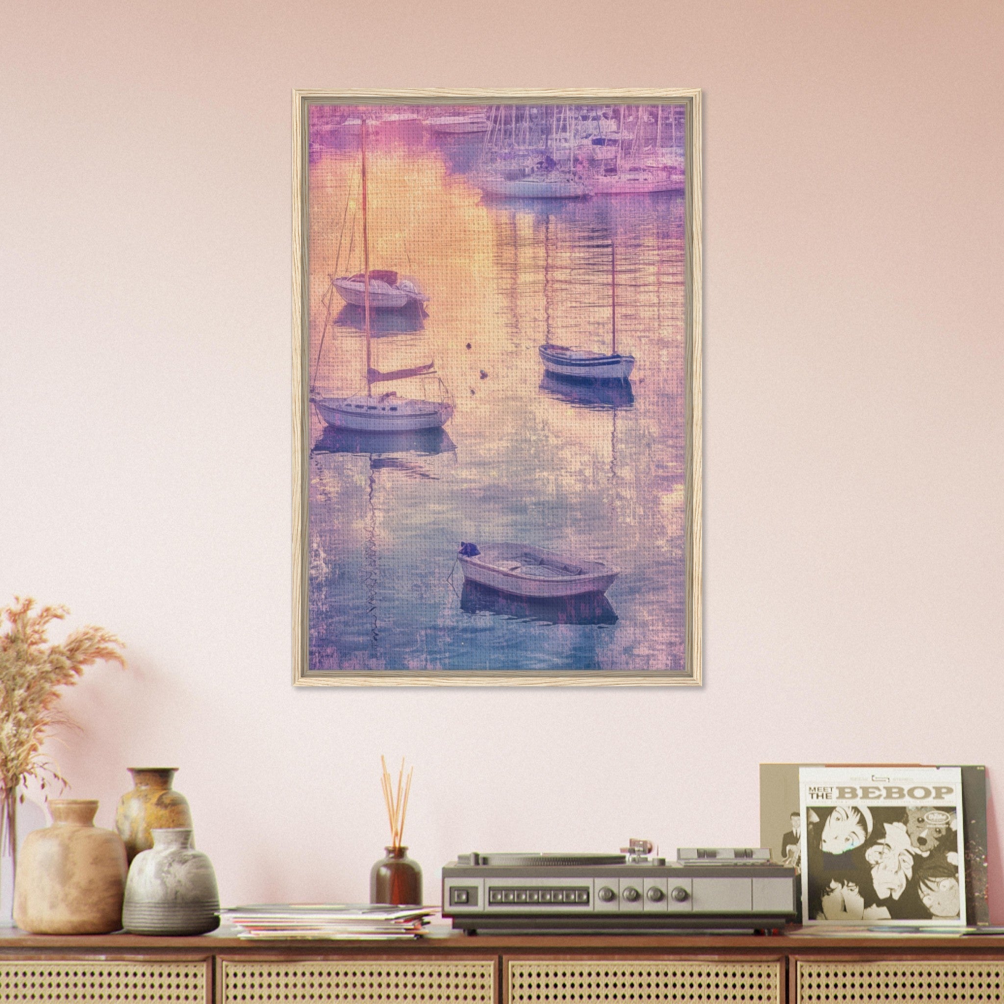 Framed Canvas Portrait - Boats at Dusk A harbor filled with gently rocky 3 - Shop Ai Art WebShop - Digital Art online Store