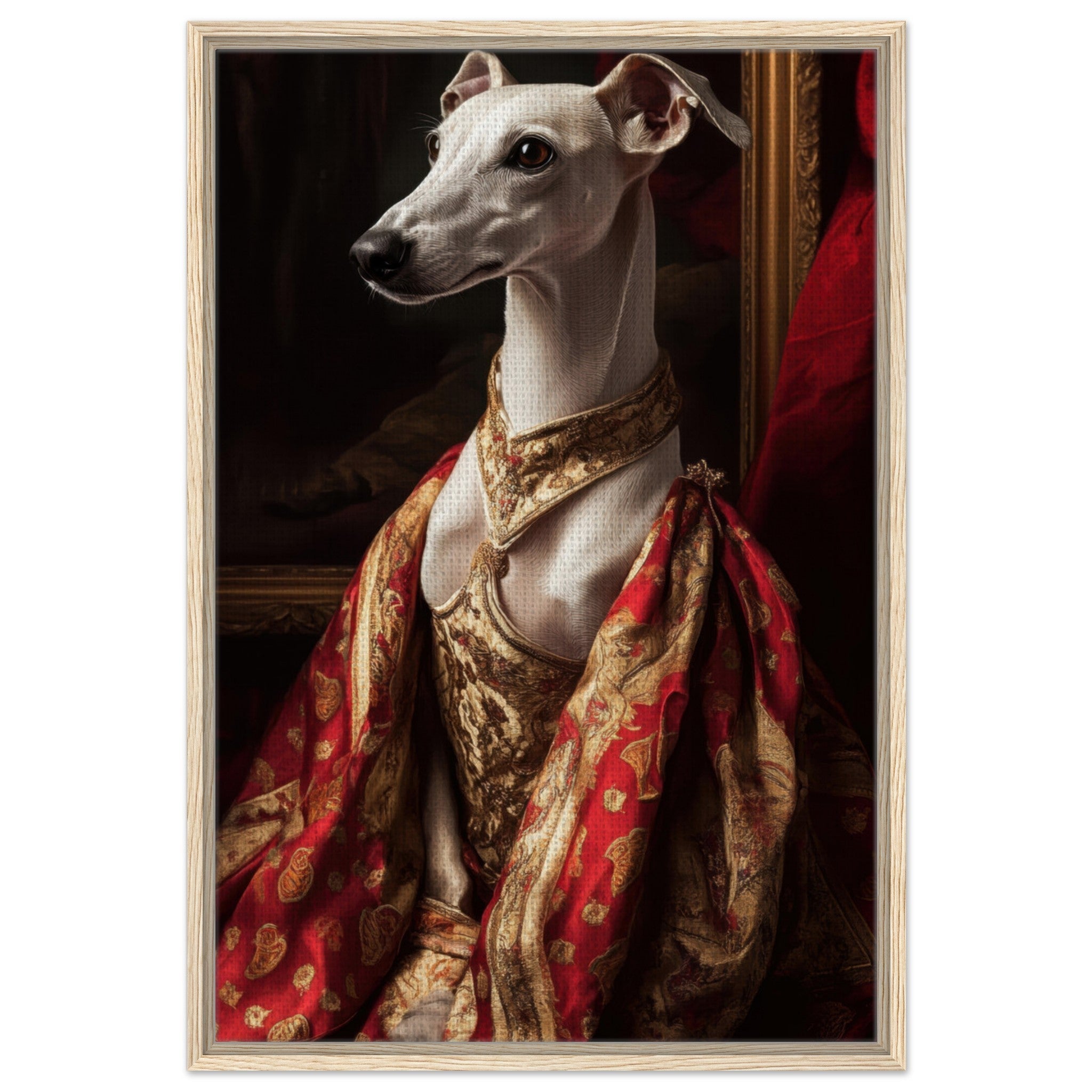 Framed Canvas Portrait - Elegant Baroque Greyhound Portrait A sleek grey - Shop Ai Art WebShop - Digital Art online Store