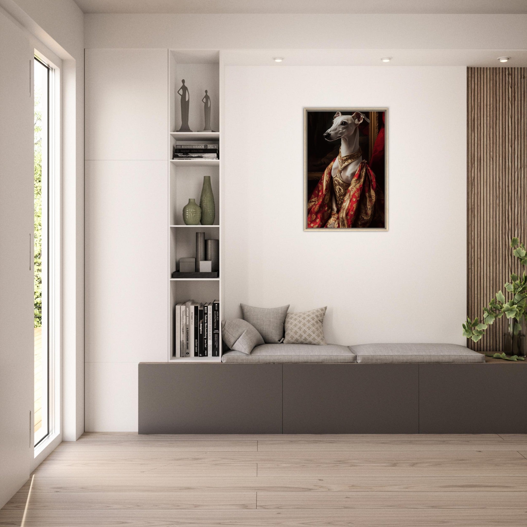 Framed Canvas Portrait - Elegant Baroque Greyhound Portrait A sleek grey - Shop Ai Art WebShop - Digital Art online Store