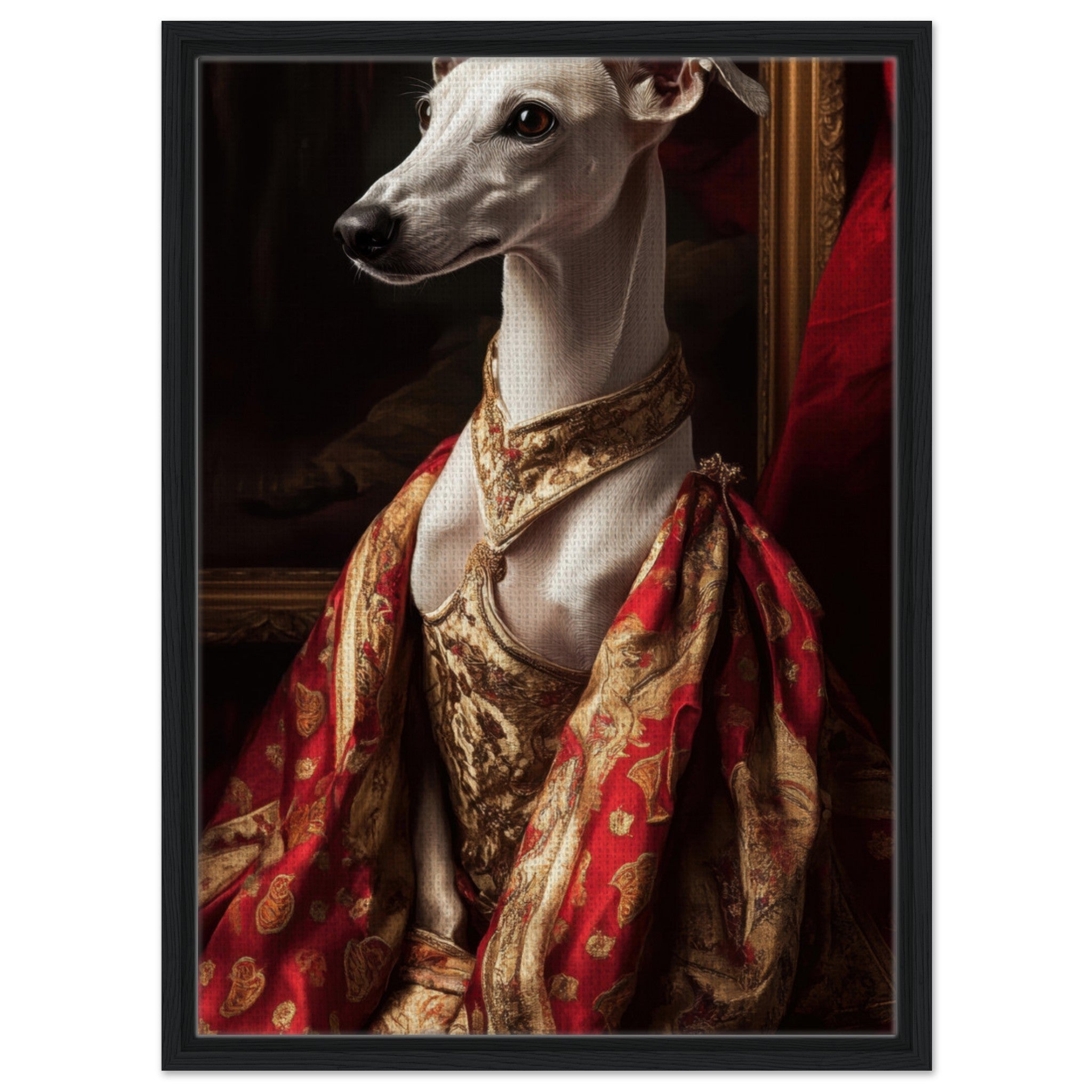 Framed Canvas Portrait - Elegant Baroque Greyhound Portrait A sleek grey - Shop Ai Art WebShop - Digital Art online Store