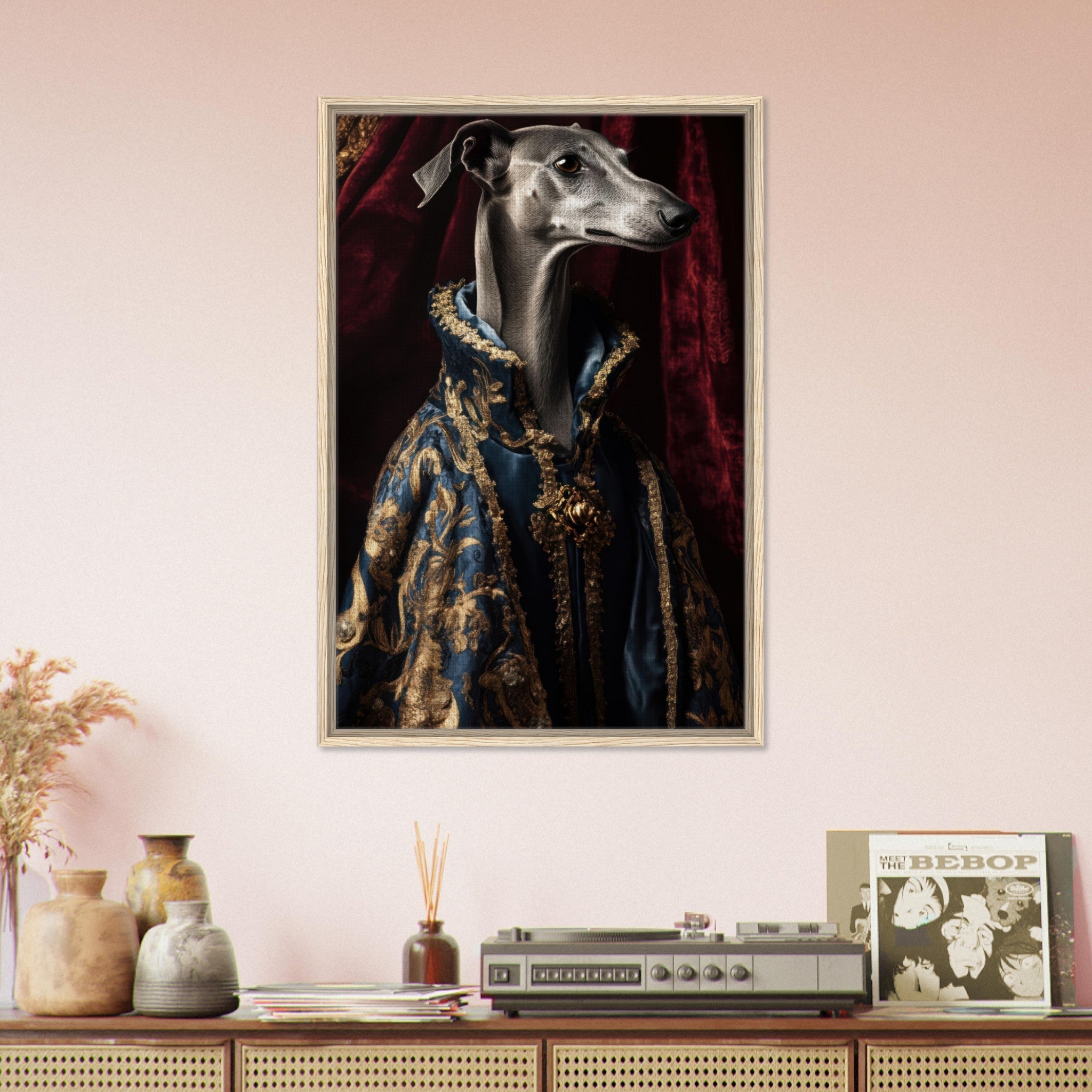 Framed Canvas Portrait - Elegant Baroque Greyhound Portrait A sleek grey 2 - Shop Ai Art WebShop - Digital Art online Store