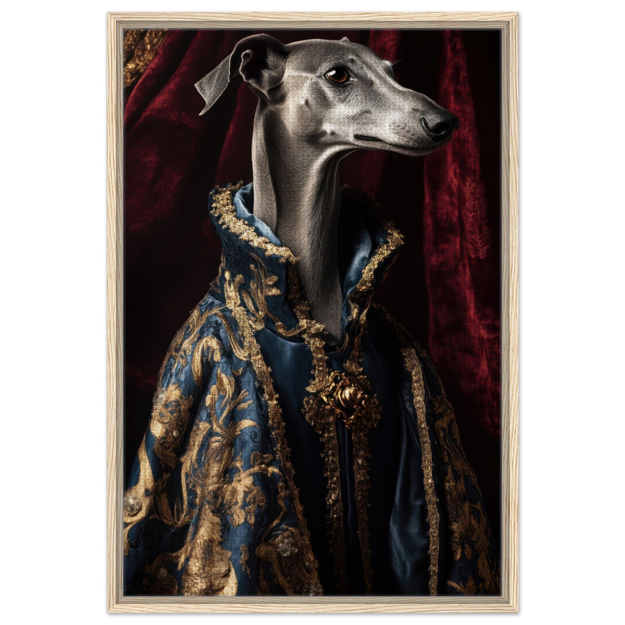 Framed Canvas Portrait - Elegant Baroque Greyhound Portrait A sleek grey 2 - Shop Ai Art WebShop - Digital Art online Store