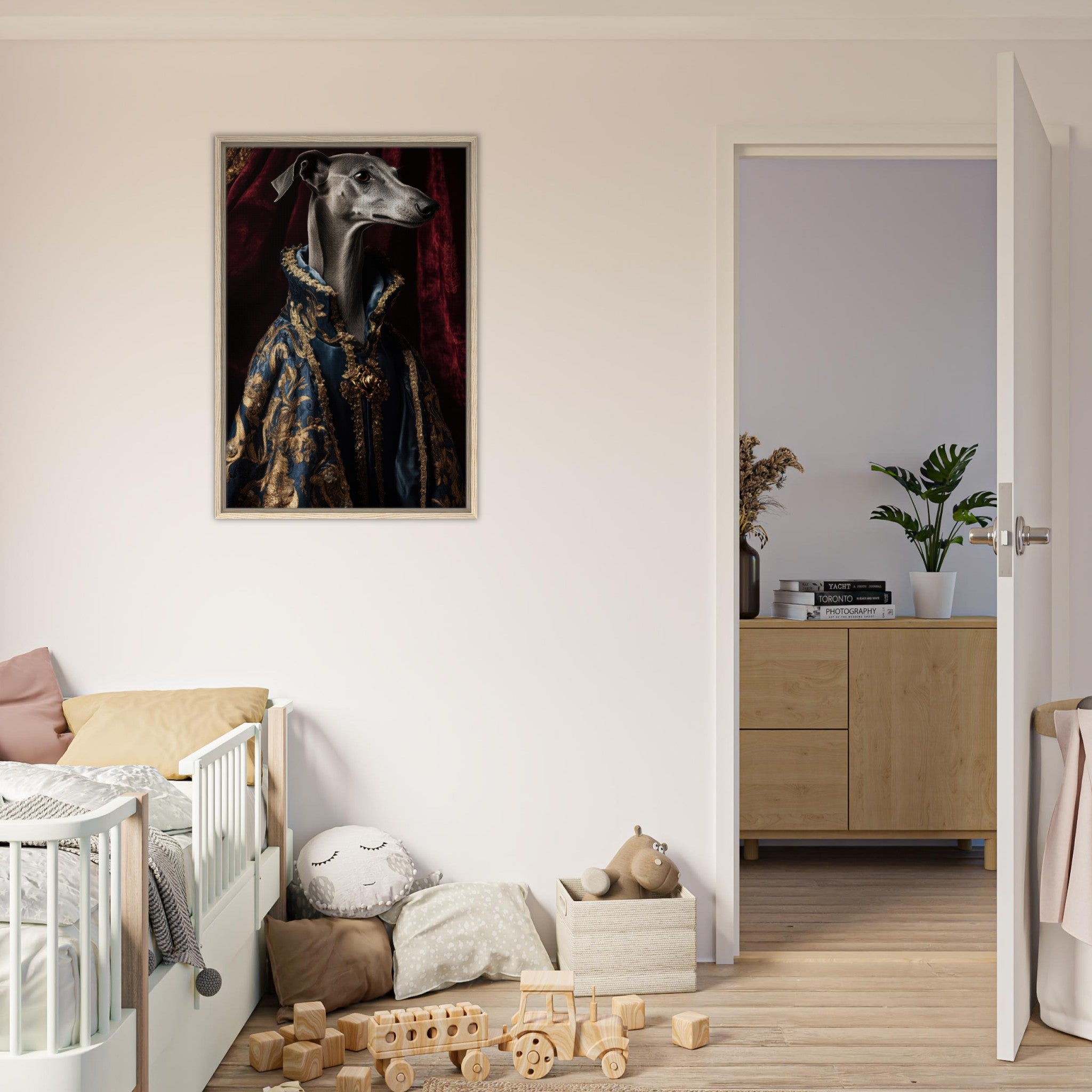 Framed Canvas Portrait - Elegant Baroque Greyhound Portrait A sleek grey 2 - Shop Ai Art WebShop - Digital Art online Store