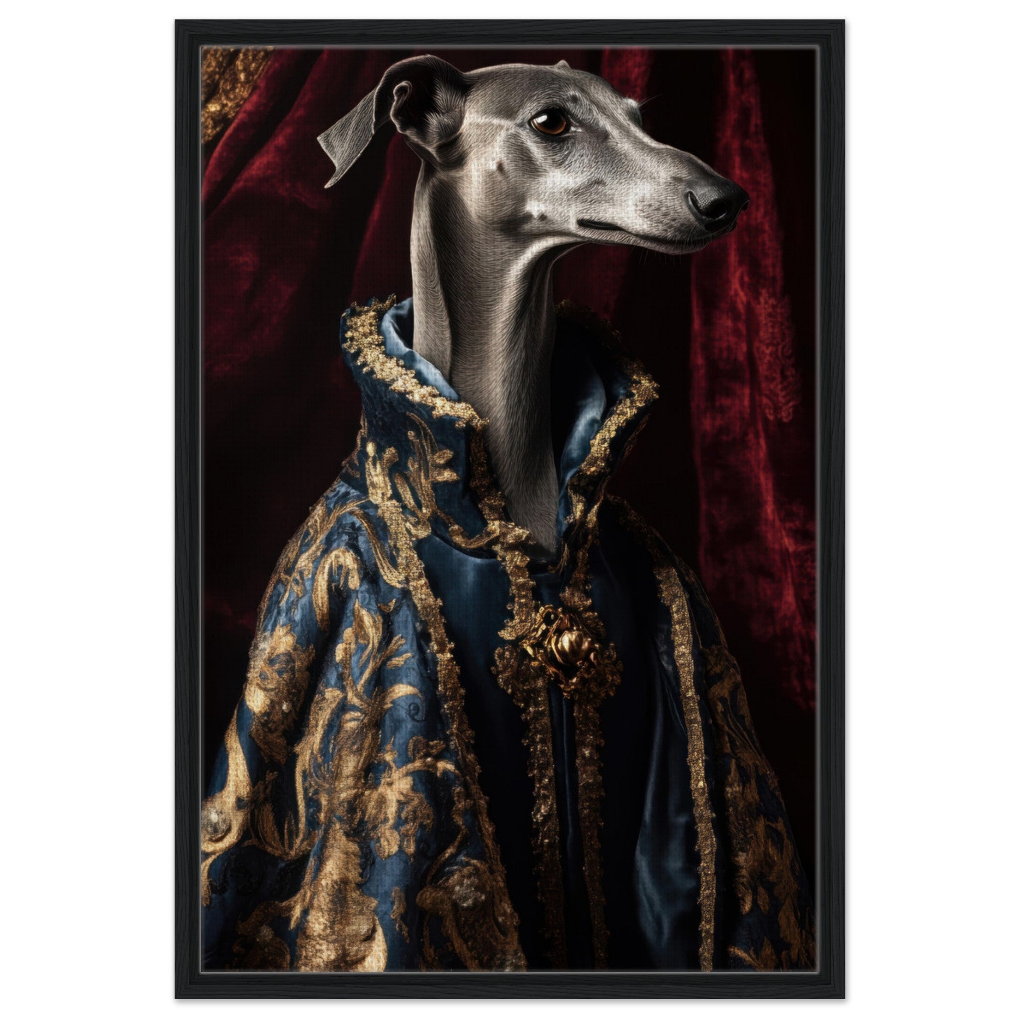 Framed Canvas Portrait - Elegant Baroque Greyhound Portrait A sleek grey 2 - Shop Ai Art WebShop - Digital Art online Store
