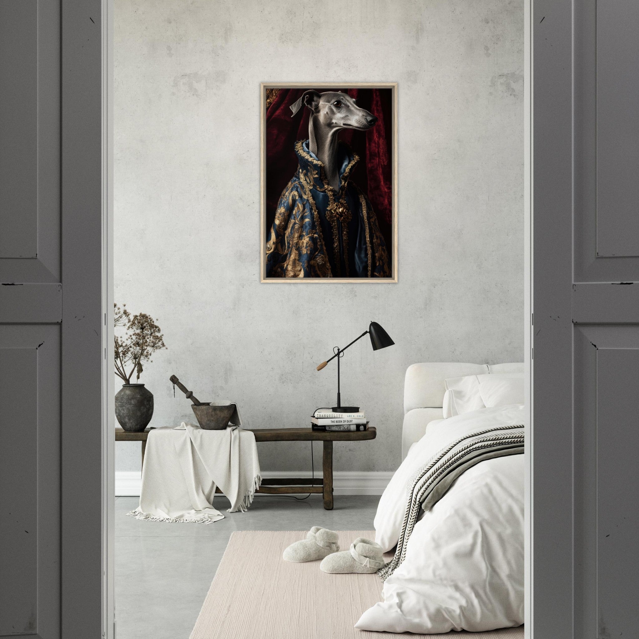 Framed Canvas Portrait - Elegant Baroque Greyhound Portrait A sleek grey 2 - Shop Ai Art WebShop - Digital Art online Store