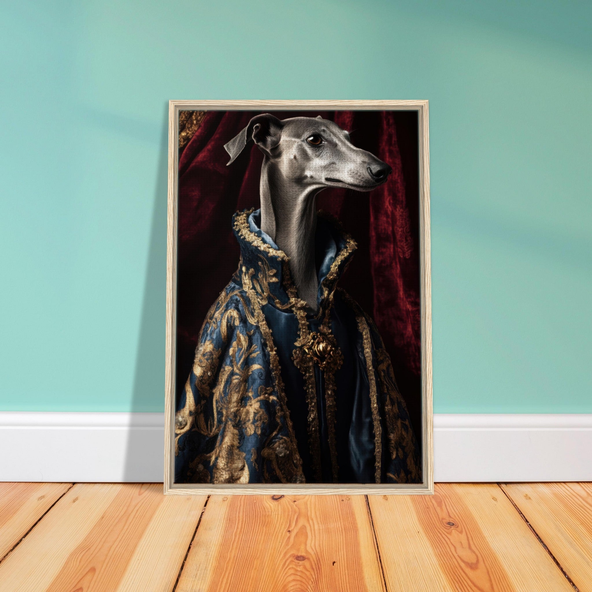 Framed Canvas Portrait - Elegant Baroque Greyhound Portrait A sleek grey 2 - Shop Ai Art WebShop - Digital Art online Store