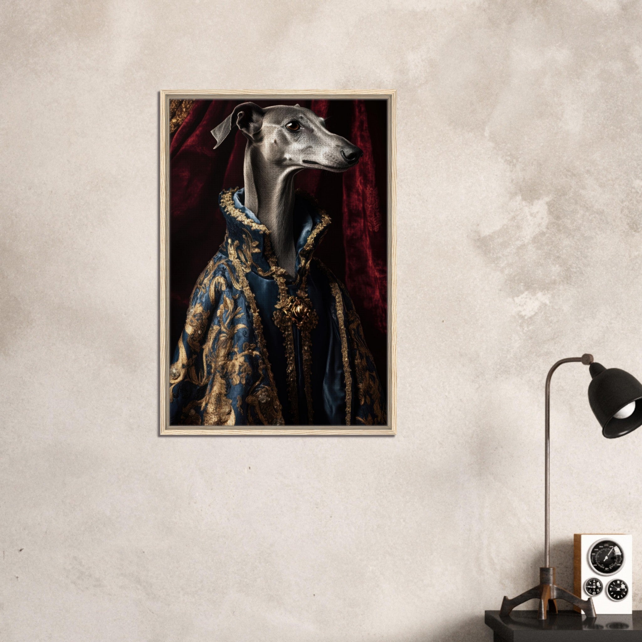 Framed Canvas Portrait - Elegant Baroque Greyhound Portrait A sleek grey 2 - Shop Ai Art WebShop - Digital Art online Store