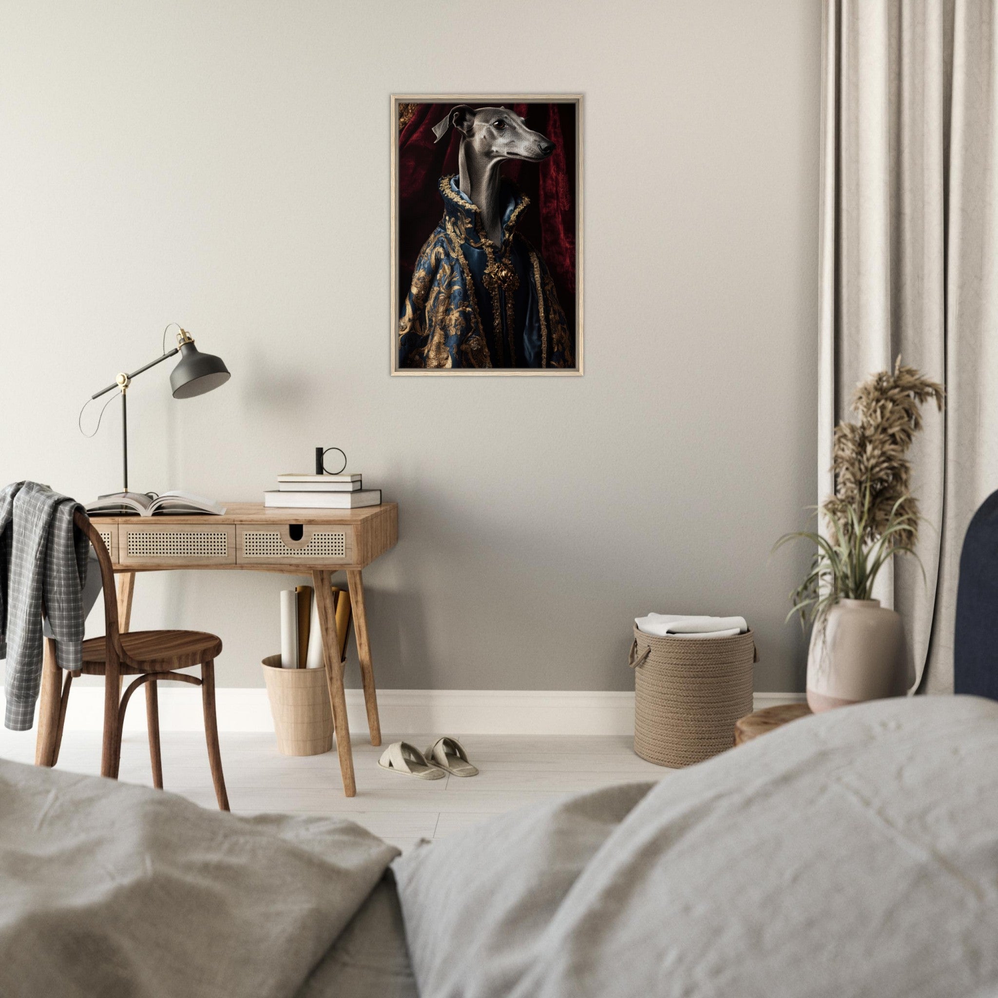 Framed Canvas Portrait - Elegant Baroque Greyhound Portrait A sleek grey 2 - Shop Ai Art WebShop - Digital Art online Store