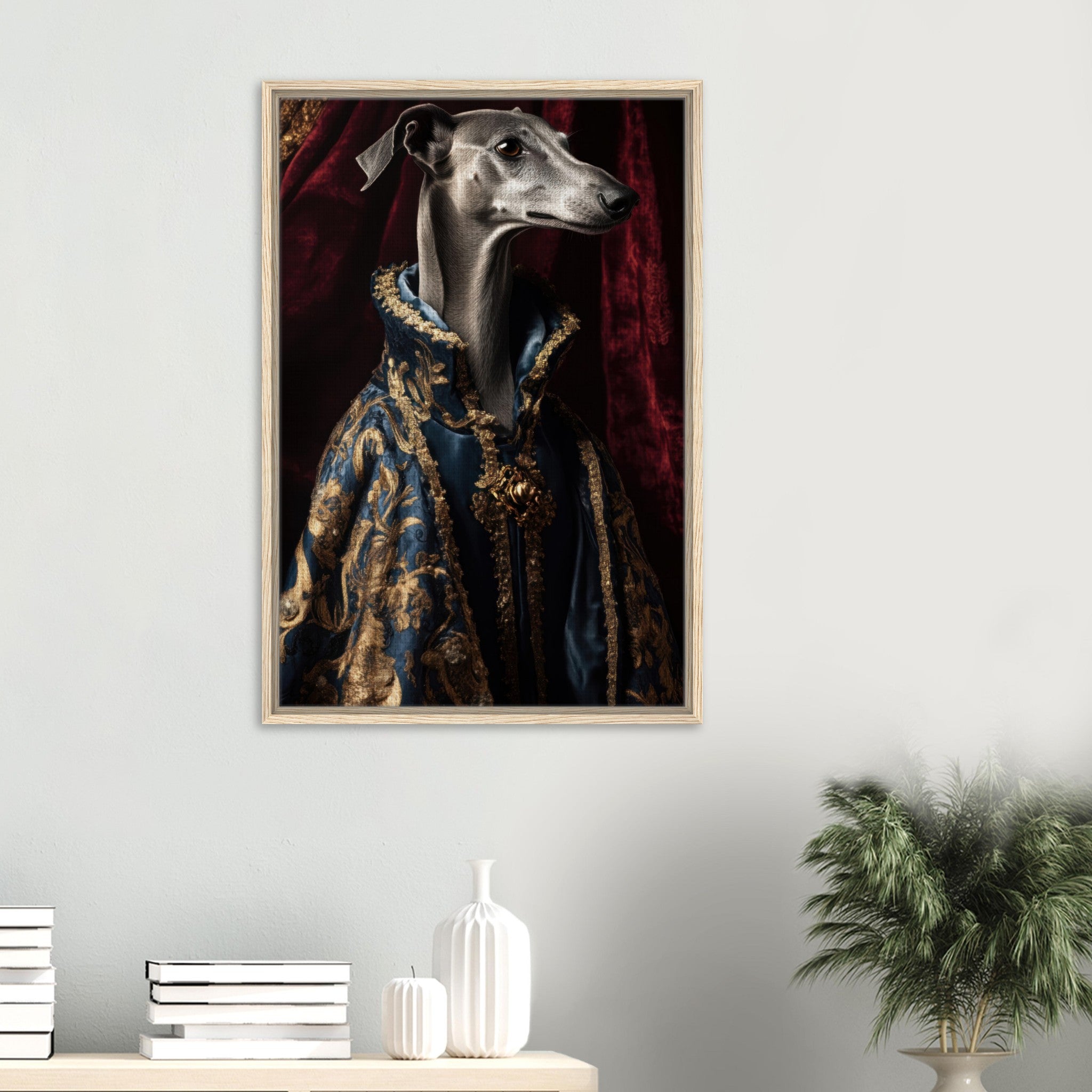 Framed Canvas Portrait - Elegant Baroque Greyhound Portrait A sleek grey 2 - Shop Ai Art WebShop - Digital Art online Store