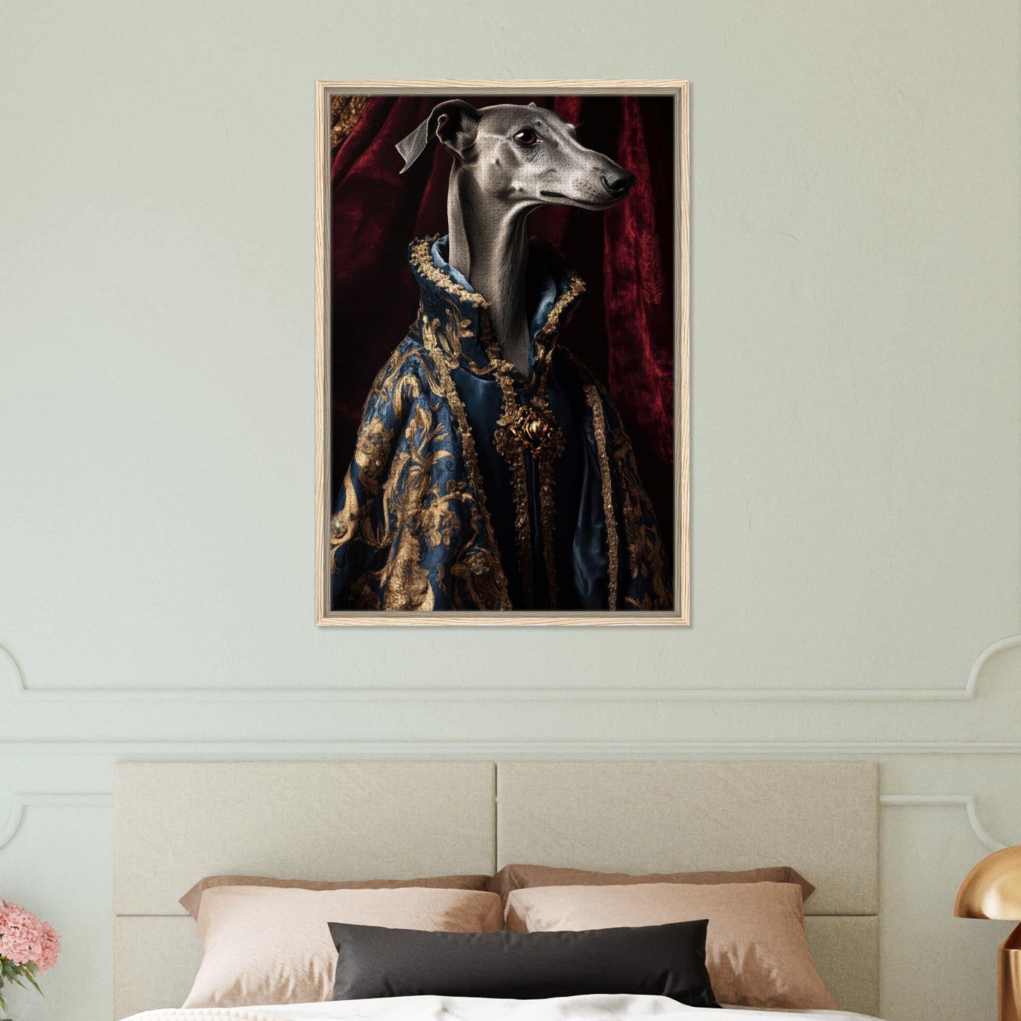 Framed Canvas Portrait - Elegant Baroque Greyhound Portrait A sleek grey 2 - Shop Ai Art WebShop - Digital Art online Store