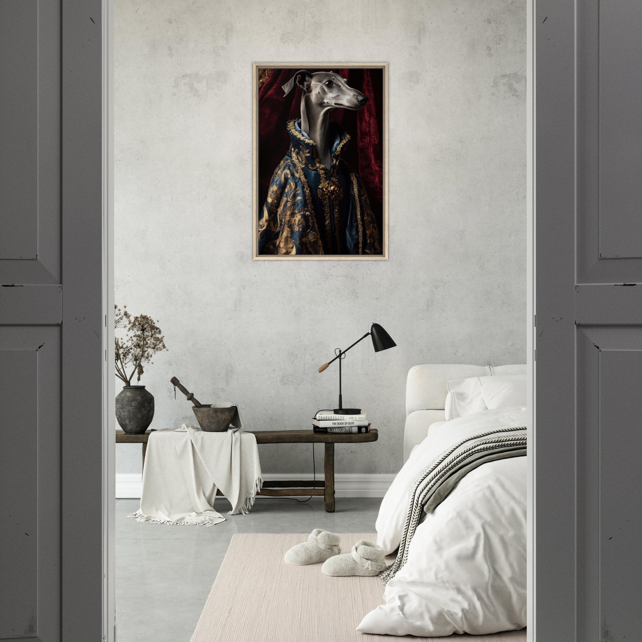 Framed Canvas Portrait - Elegant Baroque Greyhound Portrait A sleek grey 2 - Shop Ai Art WebShop - Digital Art online Store