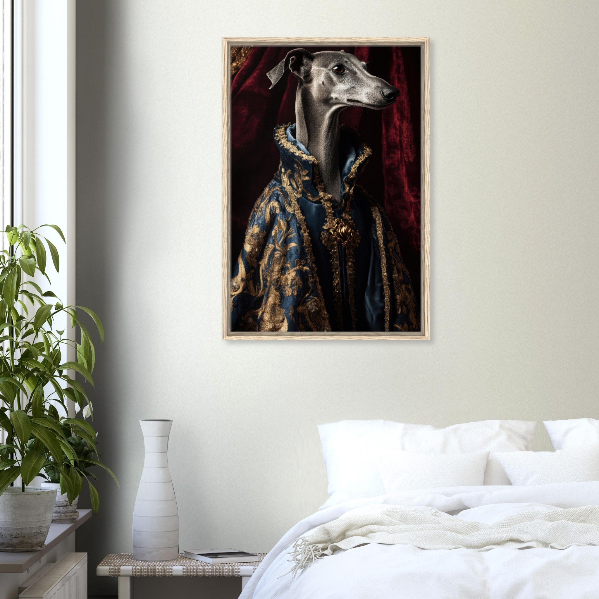 Framed Canvas Portrait - Elegant Baroque Greyhound Portrait A sleek grey 2 - Shop Ai Art WebShop - Digital Art online Store