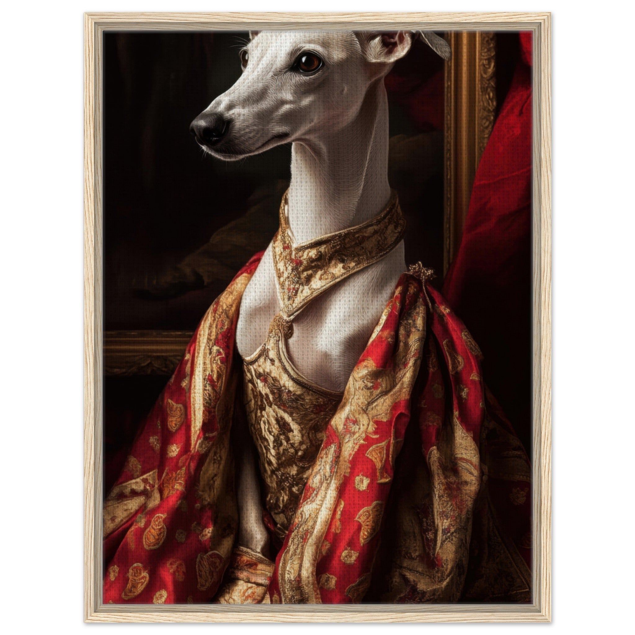 Framed Canvas Portrait - Elegant Baroque Greyhound Portrait A sleek grey - Shop Ai Art WebShop - Digital Art online Store