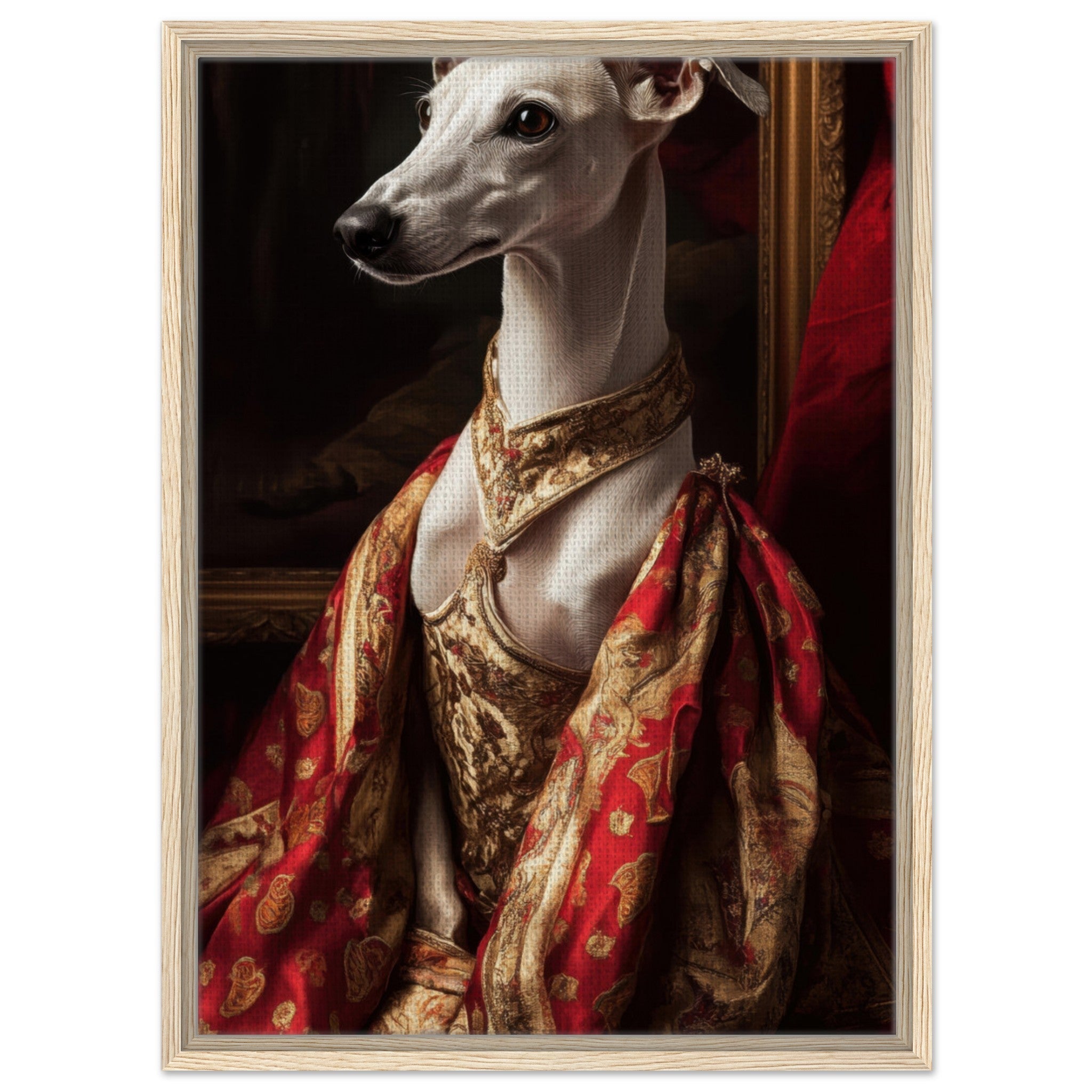 Framed Canvas Portrait - Elegant Baroque Greyhound Portrait A sleek grey - Shop Ai Art WebShop - Digital Art online Store