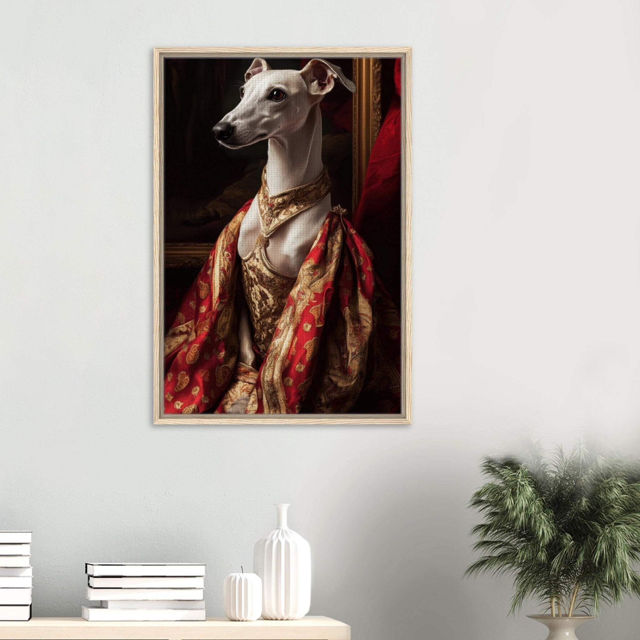 Framed Canvas Portrait - Elegant Baroque Greyhound Portrait A sleek grey - Shop Ai Art WebShop - Digital Art online Store