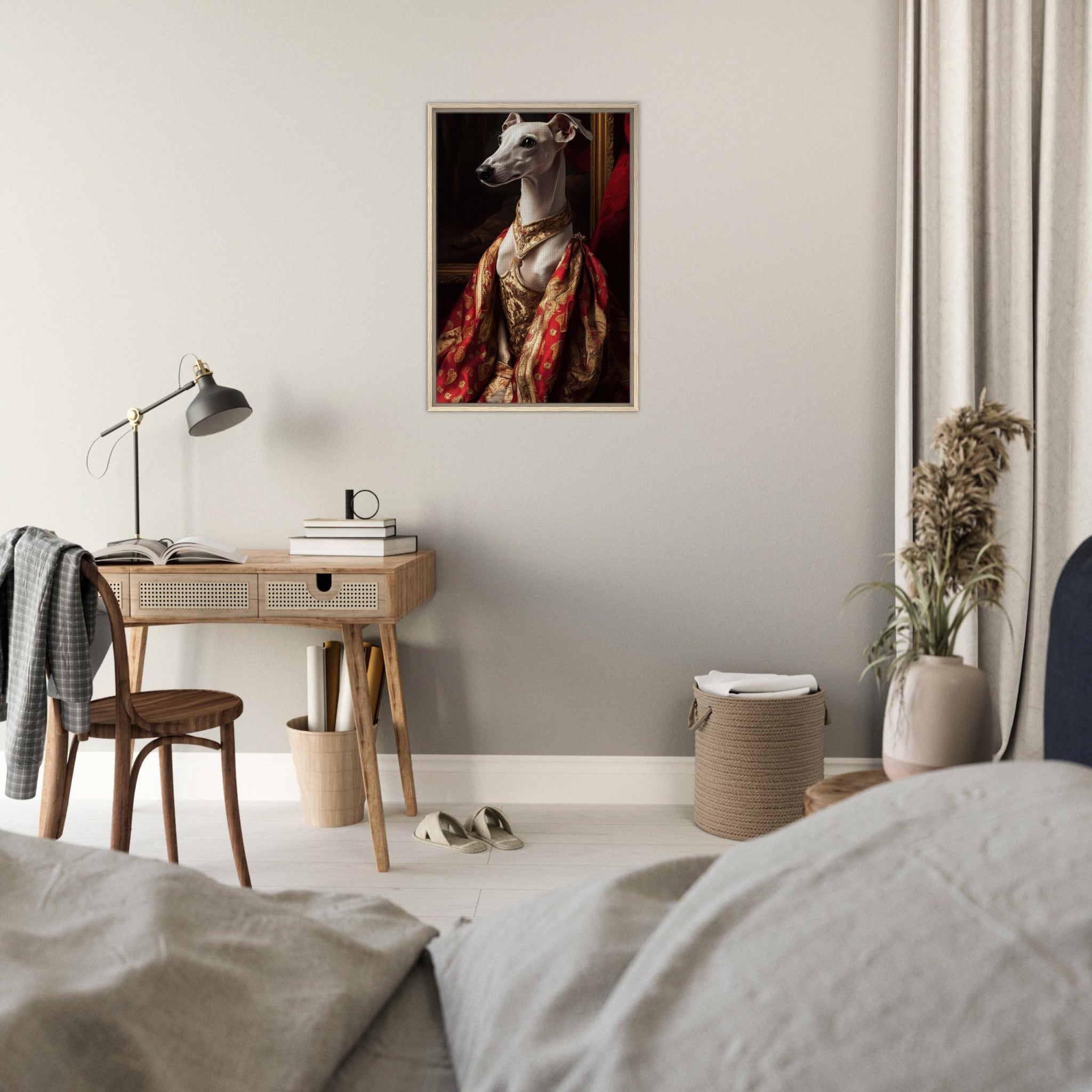 Framed Canvas Portrait - Elegant Baroque Greyhound Portrait A sleek grey - Shop Ai Art WebShop - Digital Art online Store