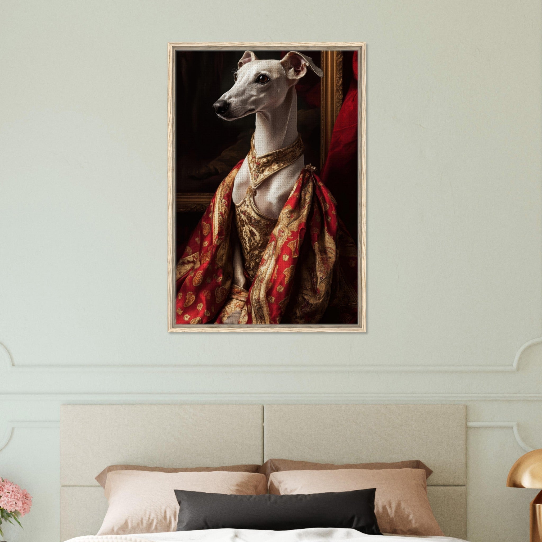 Framed Canvas Portrait - Elegant Baroque Greyhound Portrait A sleek grey - Shop Ai Art WebShop - Digital Art online Store