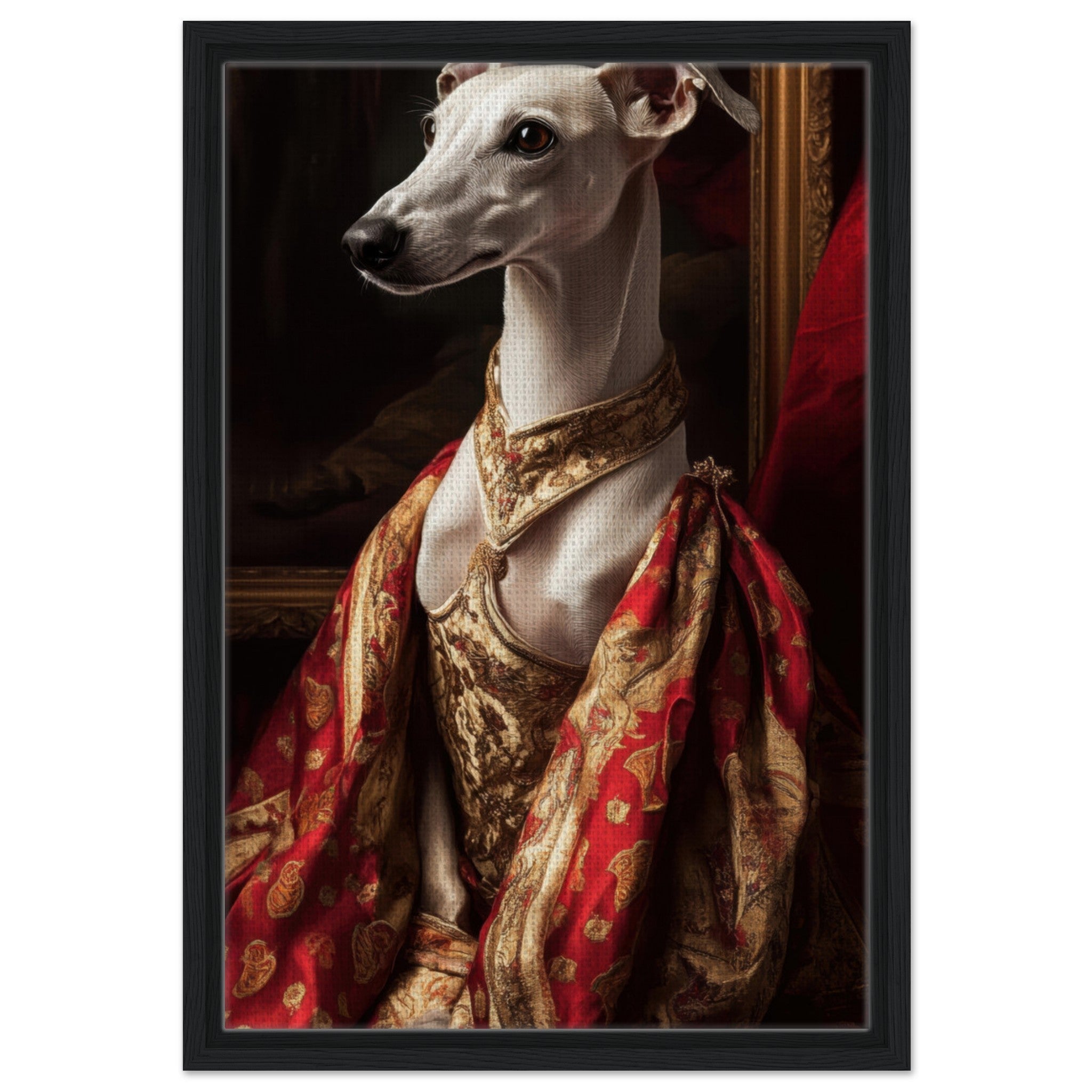 Framed Canvas Portrait - Elegant Baroque Greyhound Portrait A sleek grey - Shop Ai Art WebShop - Digital Art online Store