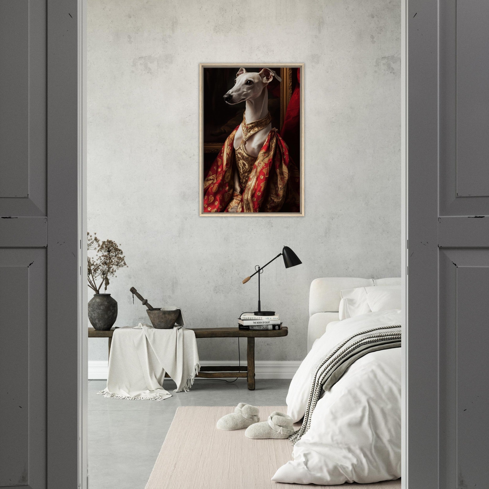 Framed Canvas Portrait - Elegant Baroque Greyhound Portrait A sleek grey - Shop Ai Art WebShop - Digital Art online Store