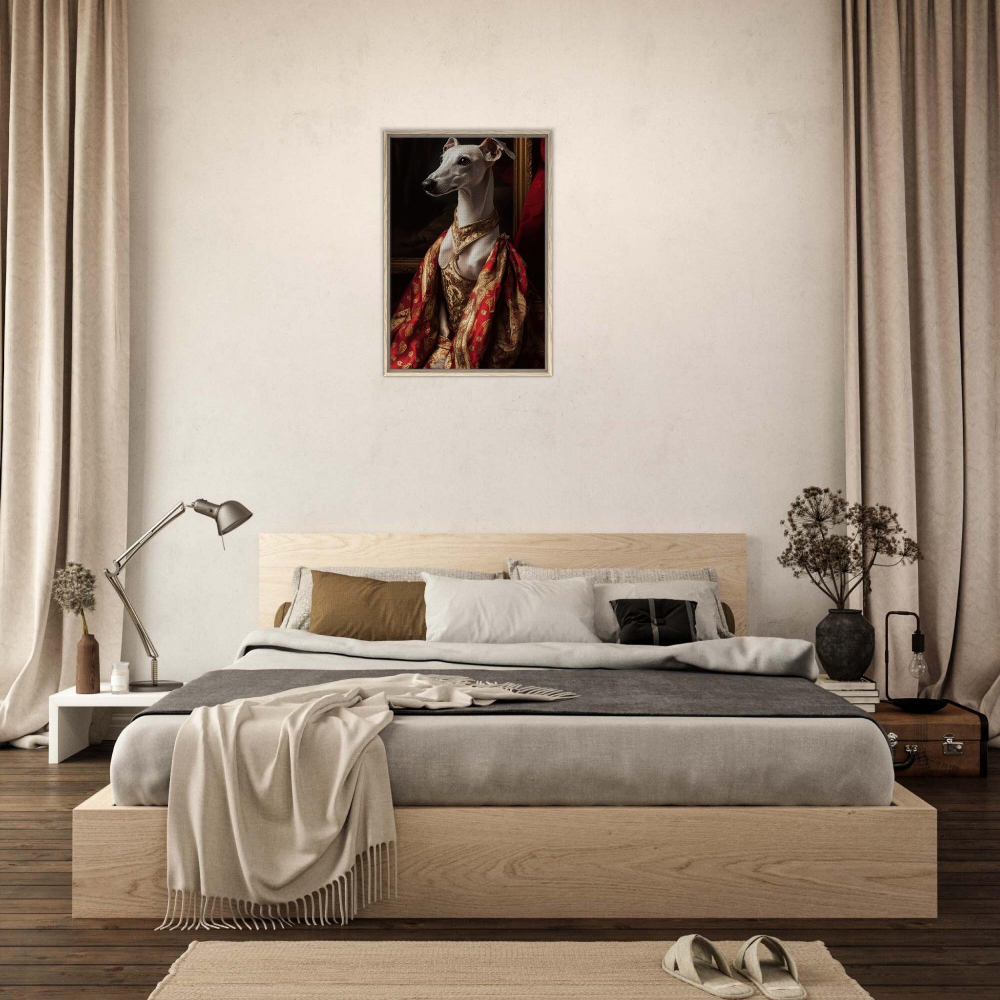 Framed Canvas Portrait - Elegant Baroque Greyhound Portrait A sleek grey - Shop Ai Art WebShop - Digital Art online Store