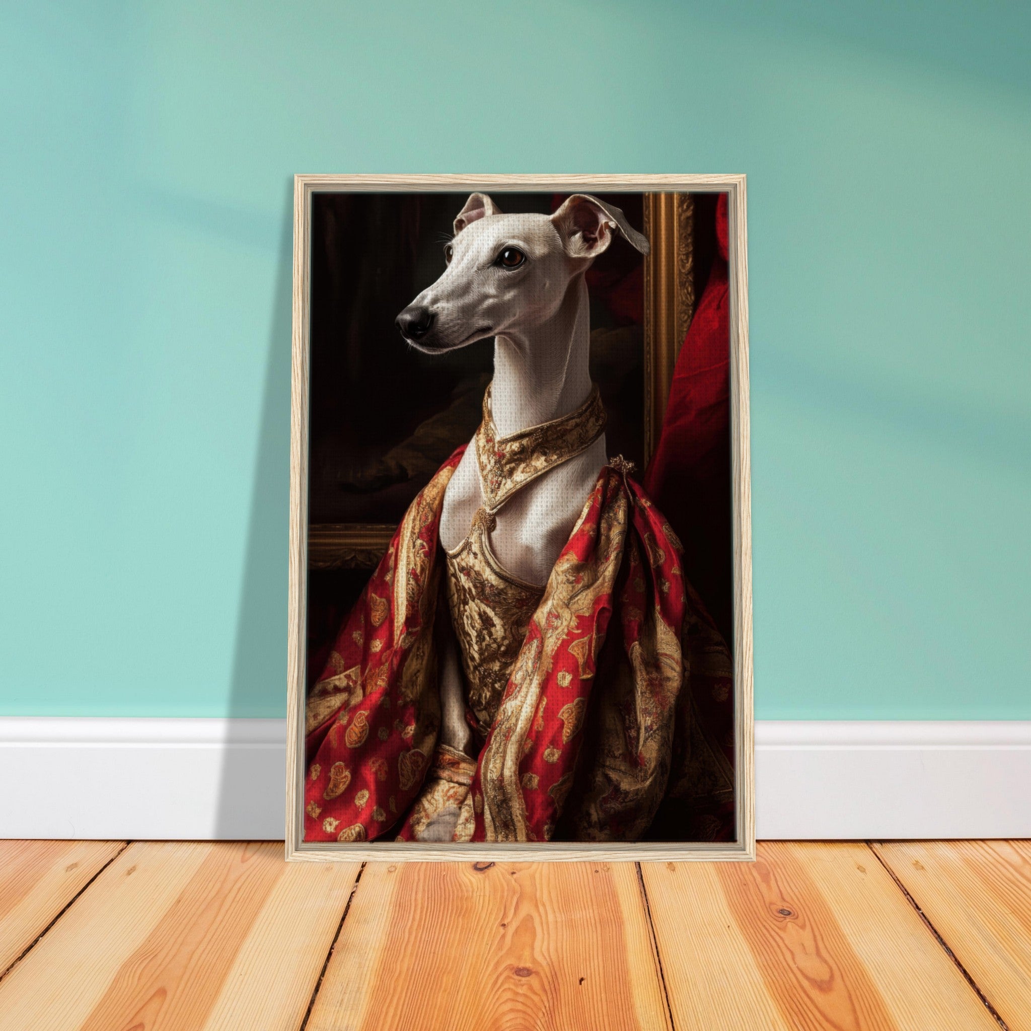 Framed Canvas Portrait - Elegant Baroque Greyhound Portrait A sleek grey - Shop Ai Art WebShop - Digital Art online Store