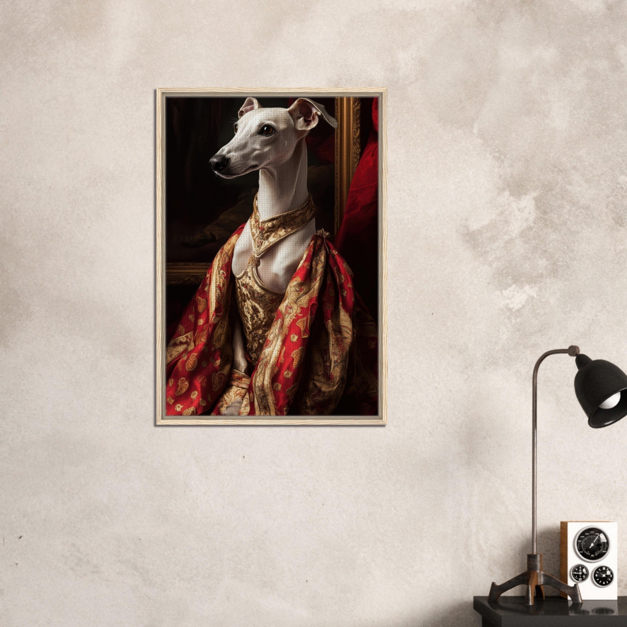 Framed Canvas Portrait - Elegant Baroque Greyhound Portrait A sleek grey - Shop Ai Art WebShop - Digital Art online Store
