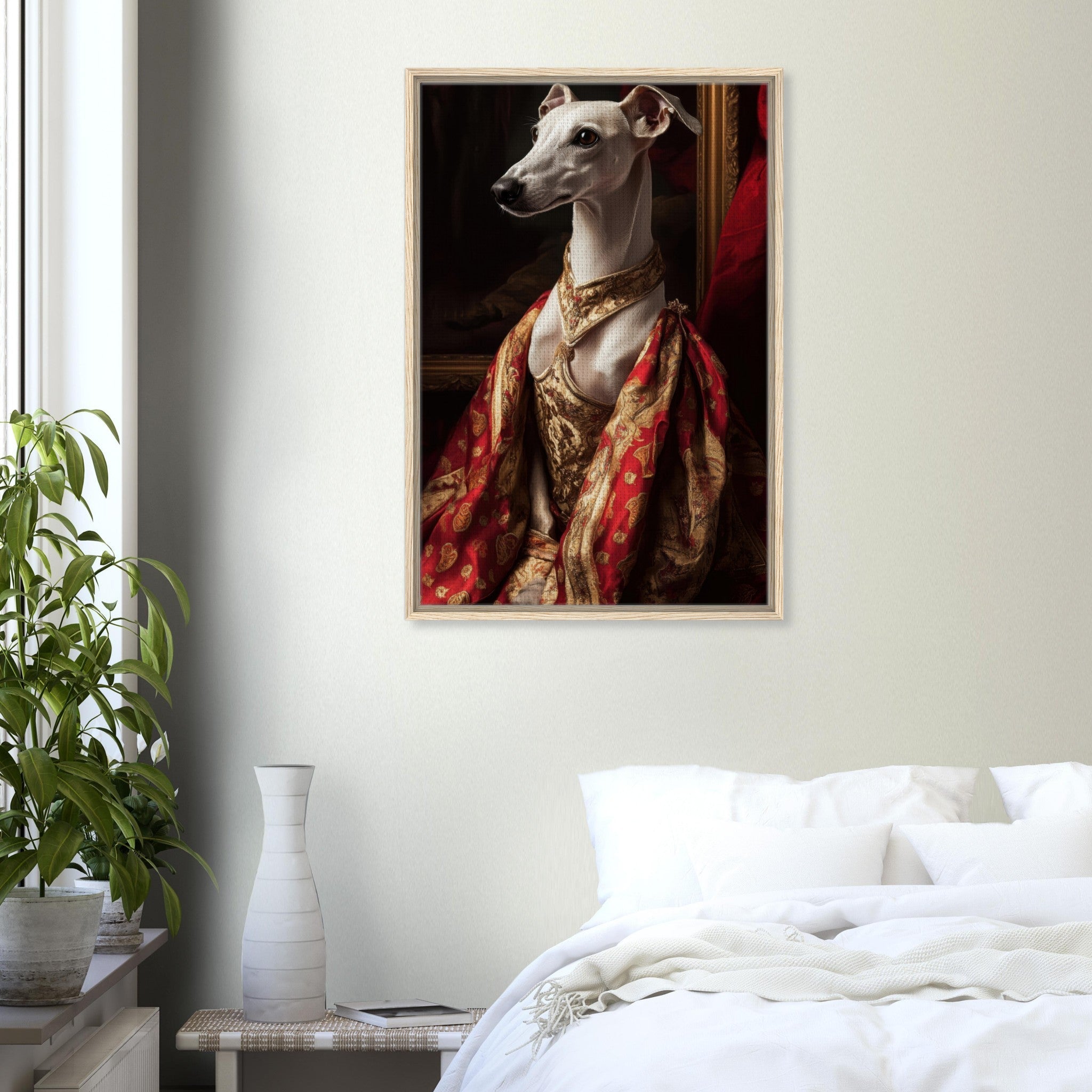 Framed Canvas Portrait - Elegant Baroque Greyhound Portrait A sleek grey - Shop Ai Art WebShop - Digital Art online Store