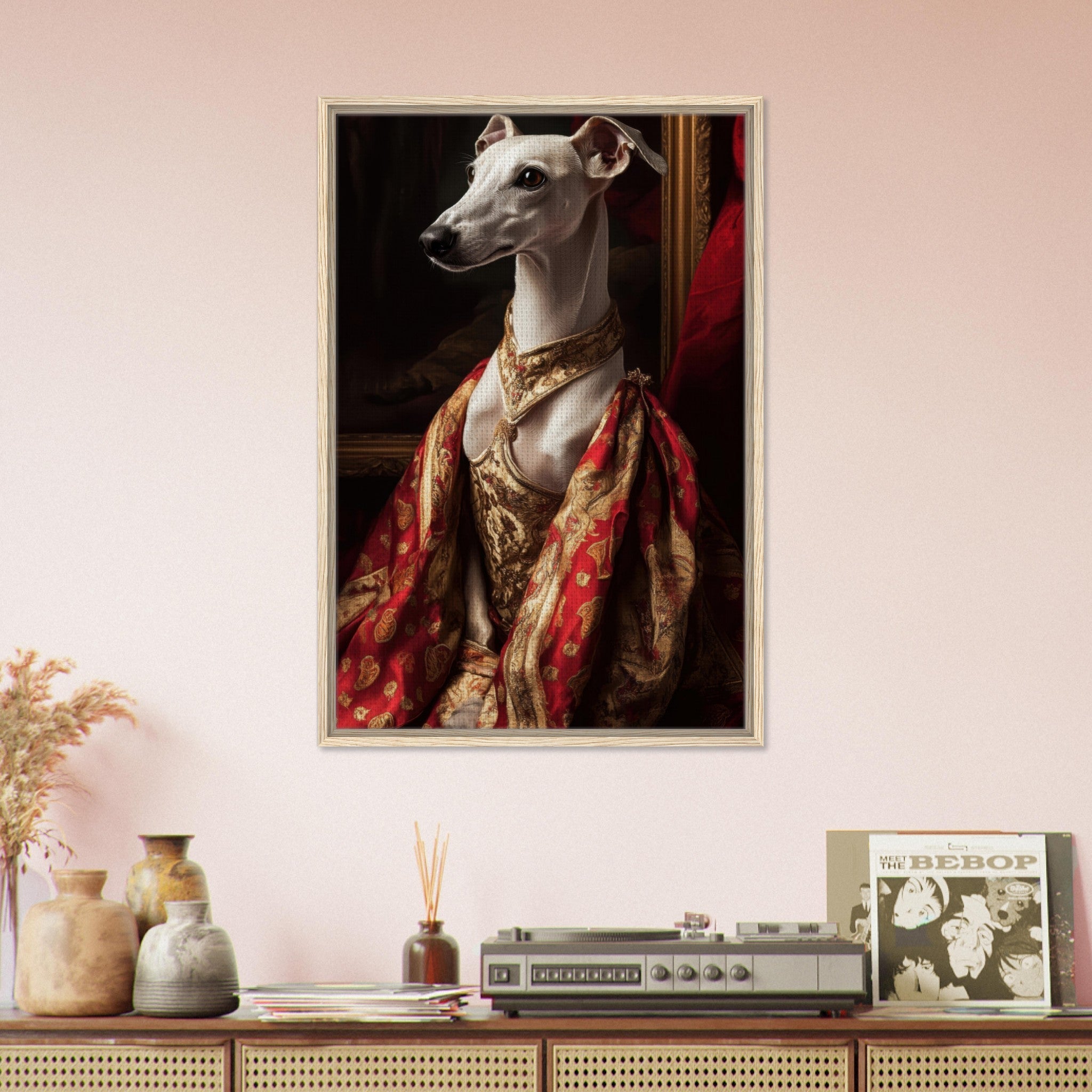 Framed Canvas Portrait - Elegant Baroque Greyhound Portrait A sleek grey - Shop Ai Art WebShop - Digital Art online Store