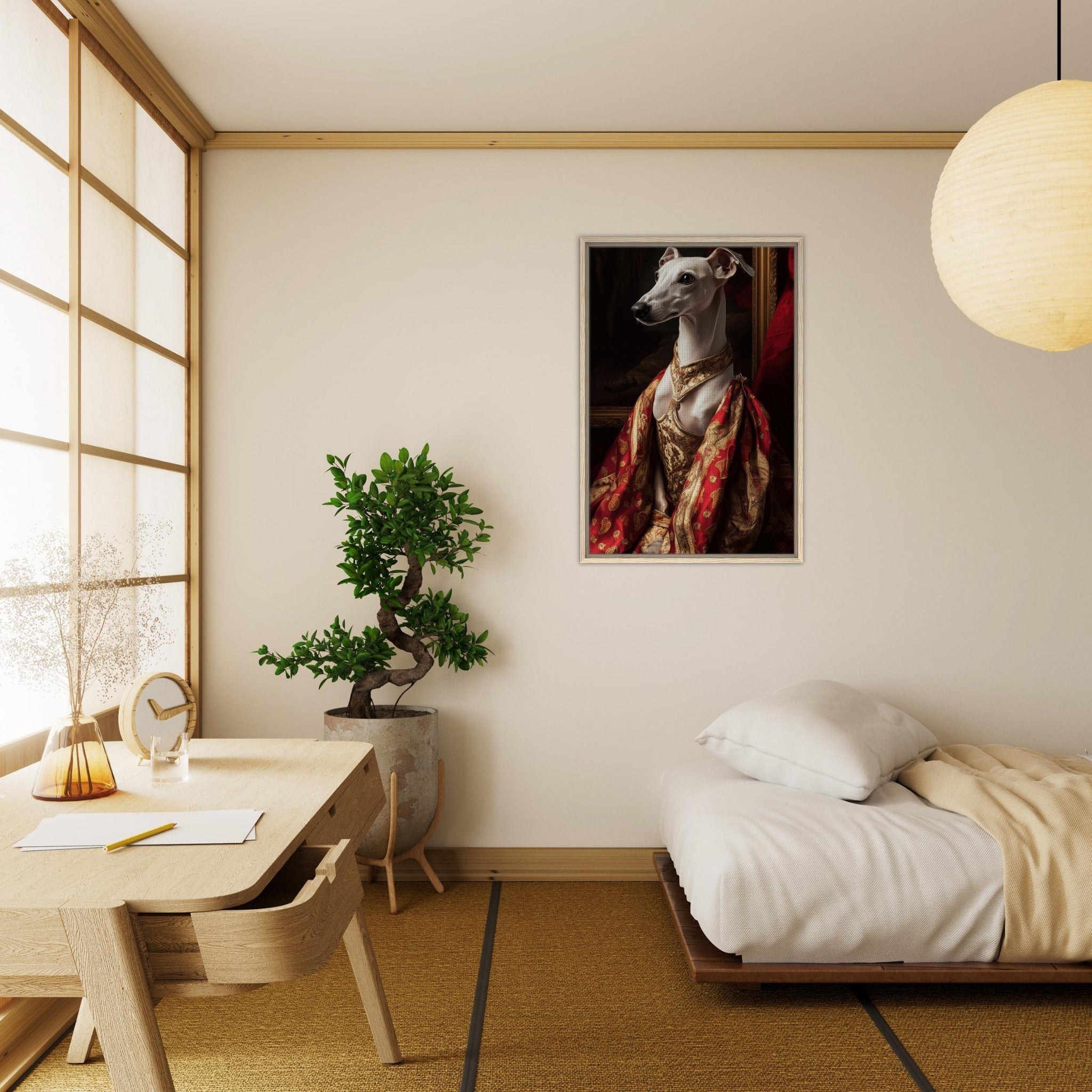 Framed Canvas Portrait - Elegant Baroque Greyhound Portrait A sleek grey - Shop Ai Art WebShop - Digital Art online Store